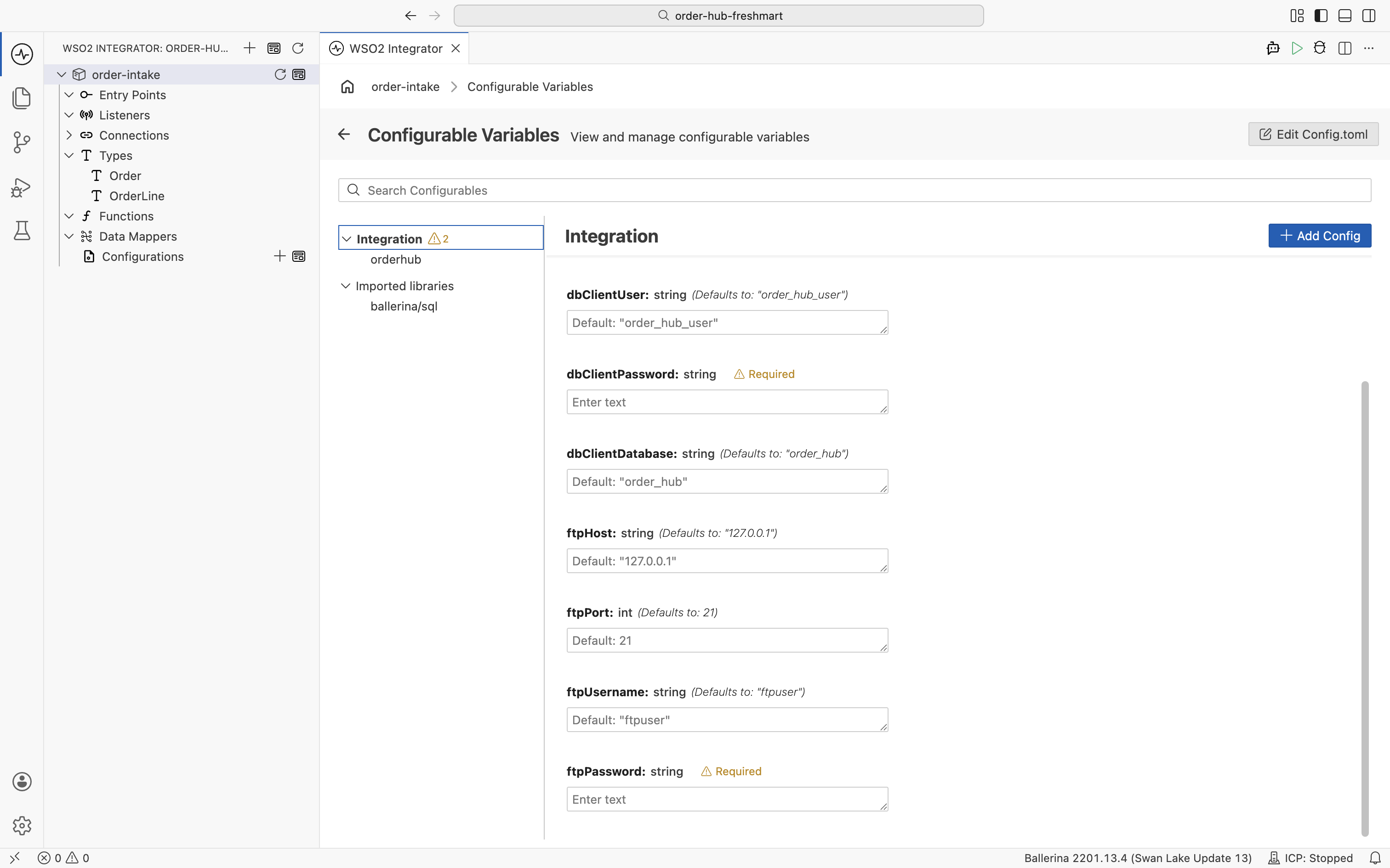 The Configurable Variables view listing the dbClient configurables alongside the new ftpHost, ftpPort, ftpUsername, and ftpPassword configurables