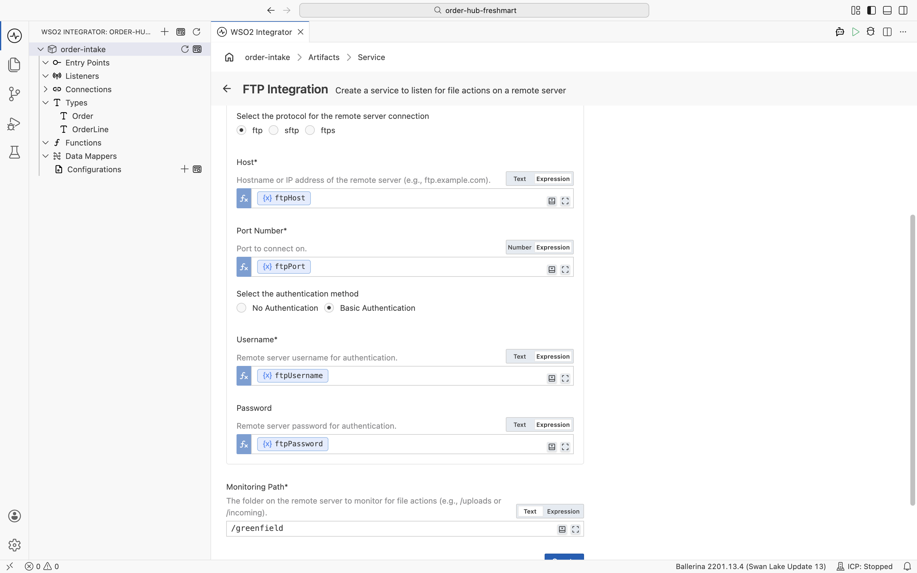 The Create FTP Integration form: FTP protocol, Basic Authentication, Host/Port/Username/Password bound to configurables in Expression mode, and Monitoring Path set to /greenfield