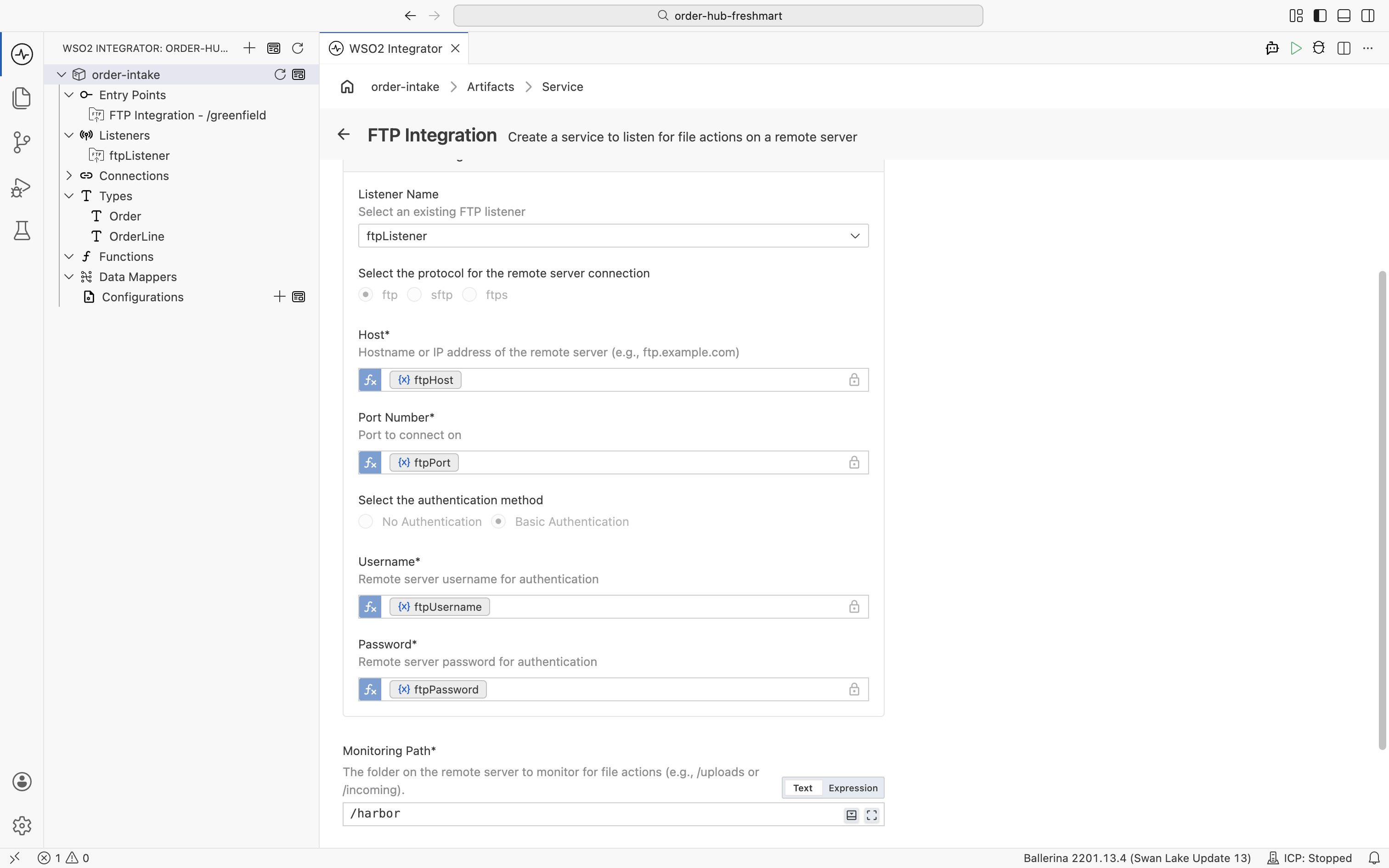 The Create FTP Integration form reusing the existing ftpListener: the protocol and credential fields are disabled, and only the Monitoring Path is set, to /harbor