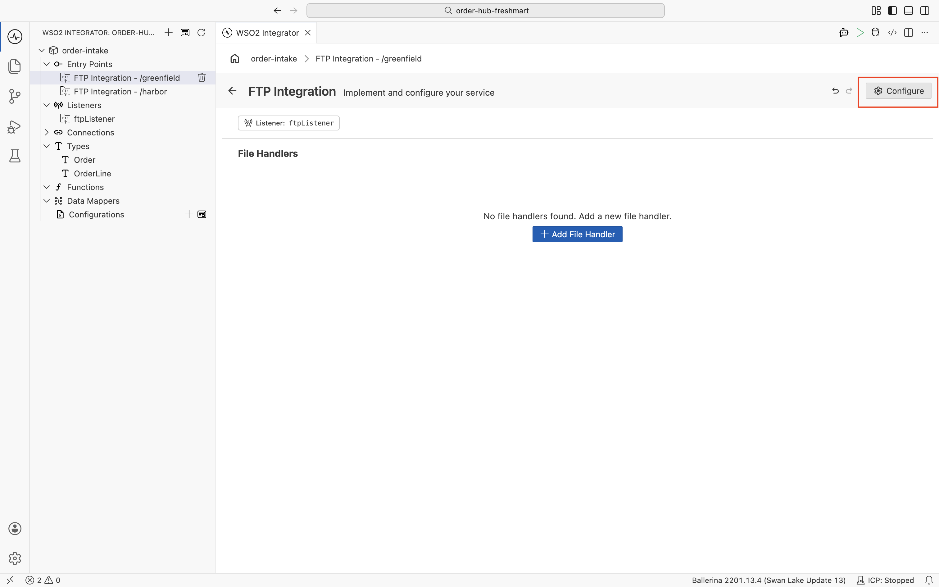 The Greenfield FTP Integration service view with the Listener ftpListener chip, an empty File Handlers section, and the Configure button highlighted in the top right
