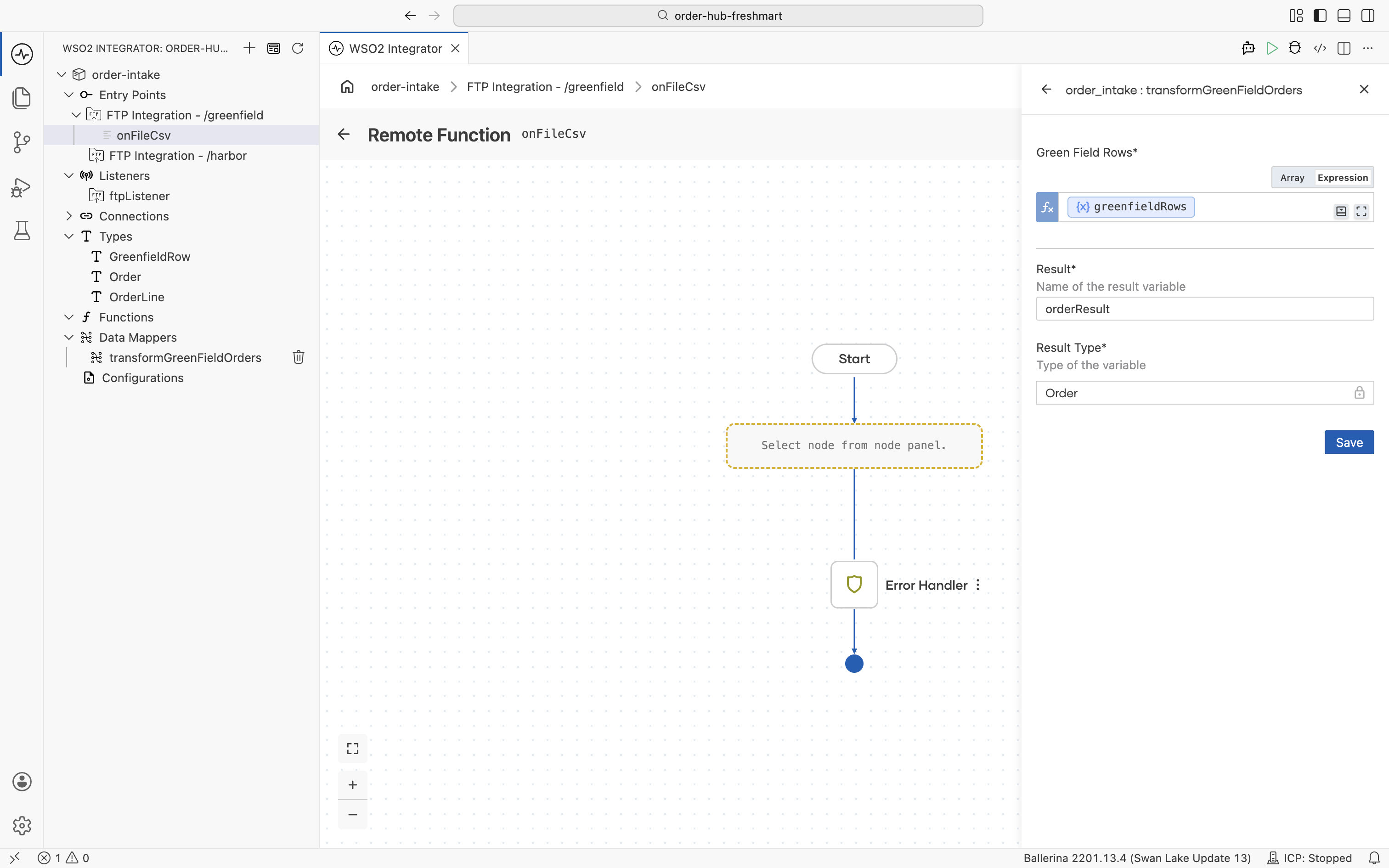 The onFileCsv flow with a Map Data node configured to produce orderResult from greenfieldRows