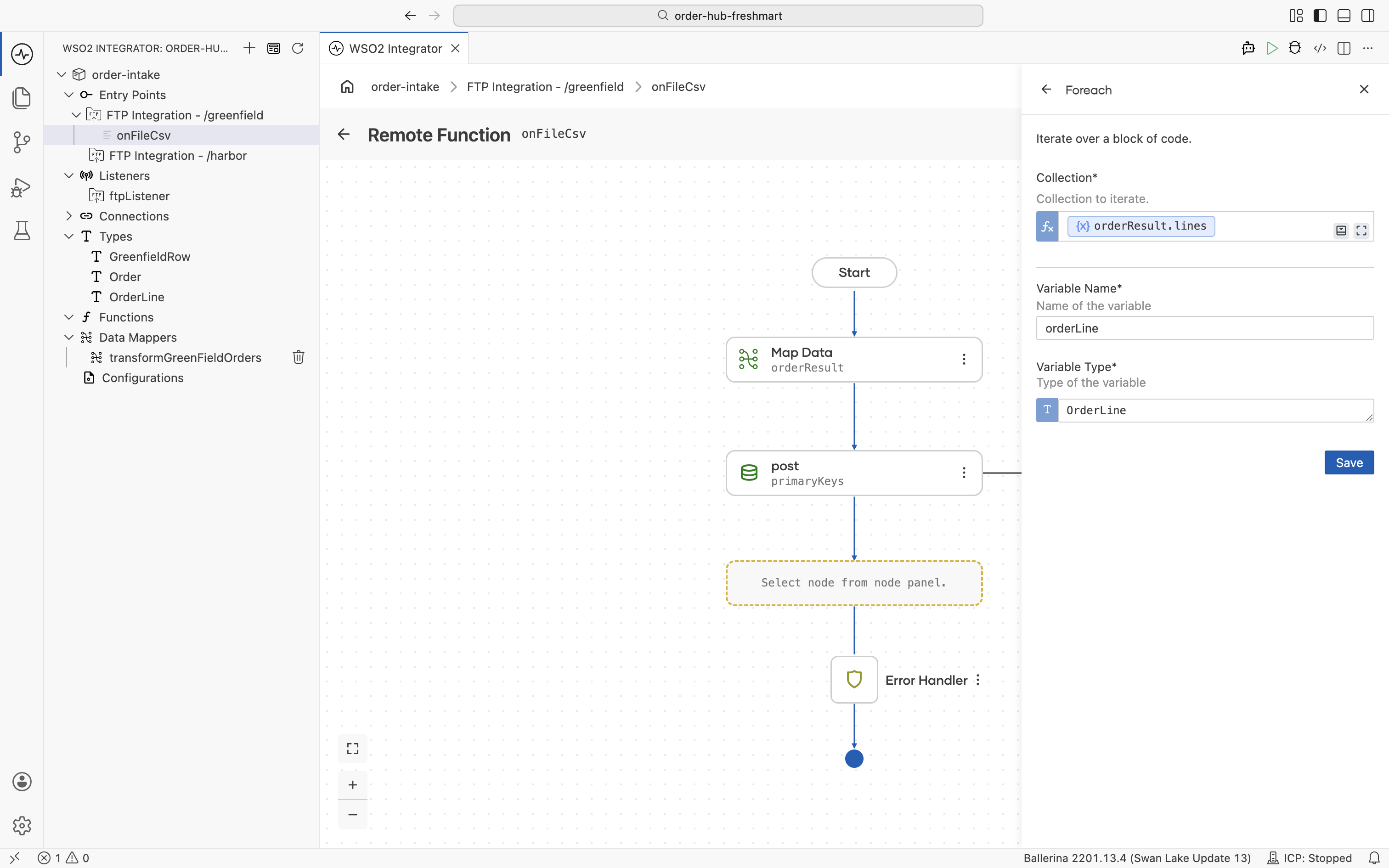 The Foreach node iterating orderResult.lines with the loop variable orderLine