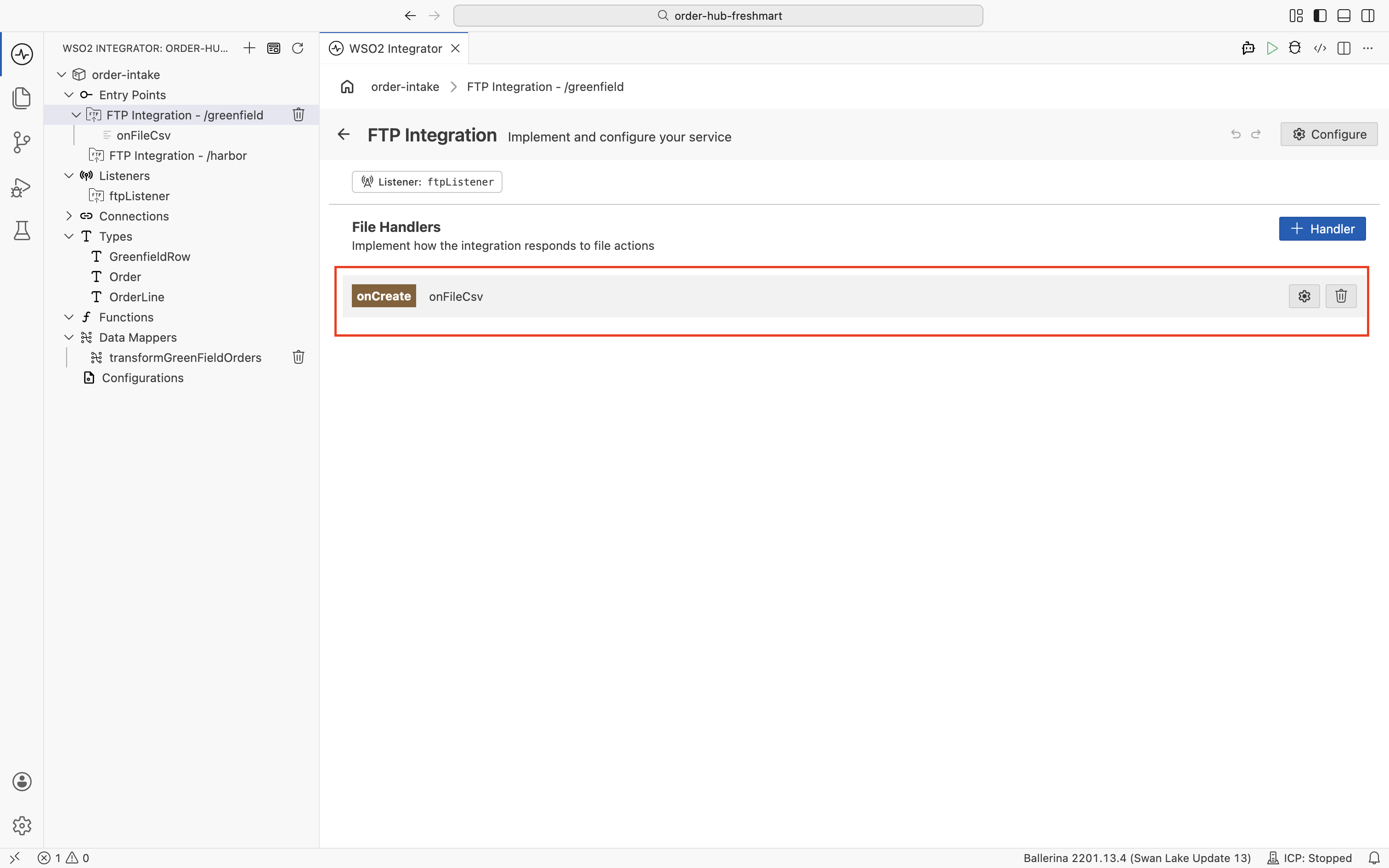 The File Handlers list showing the onCreate onFileCsv handler