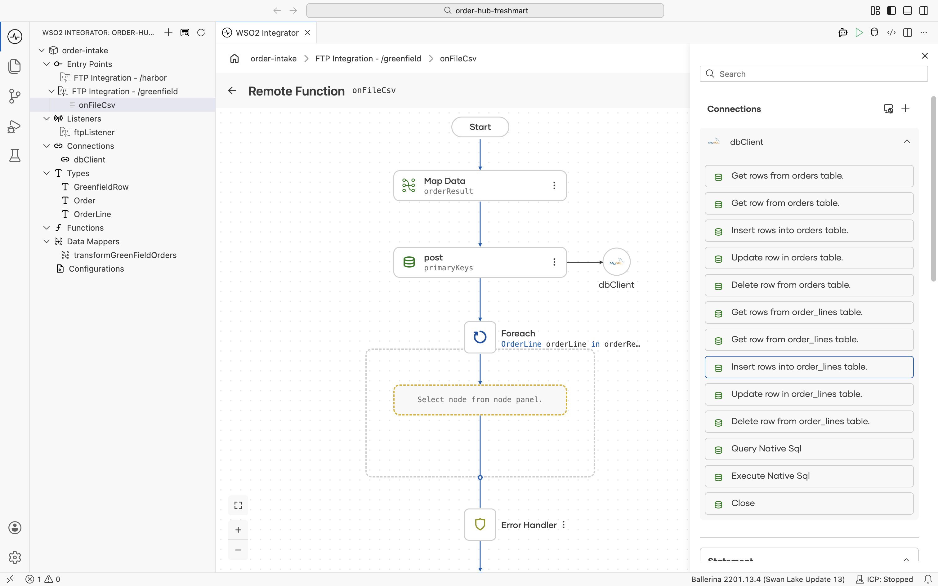 The dbClient connection operations with Insert rows into order_lines table selected inside the Foreach
