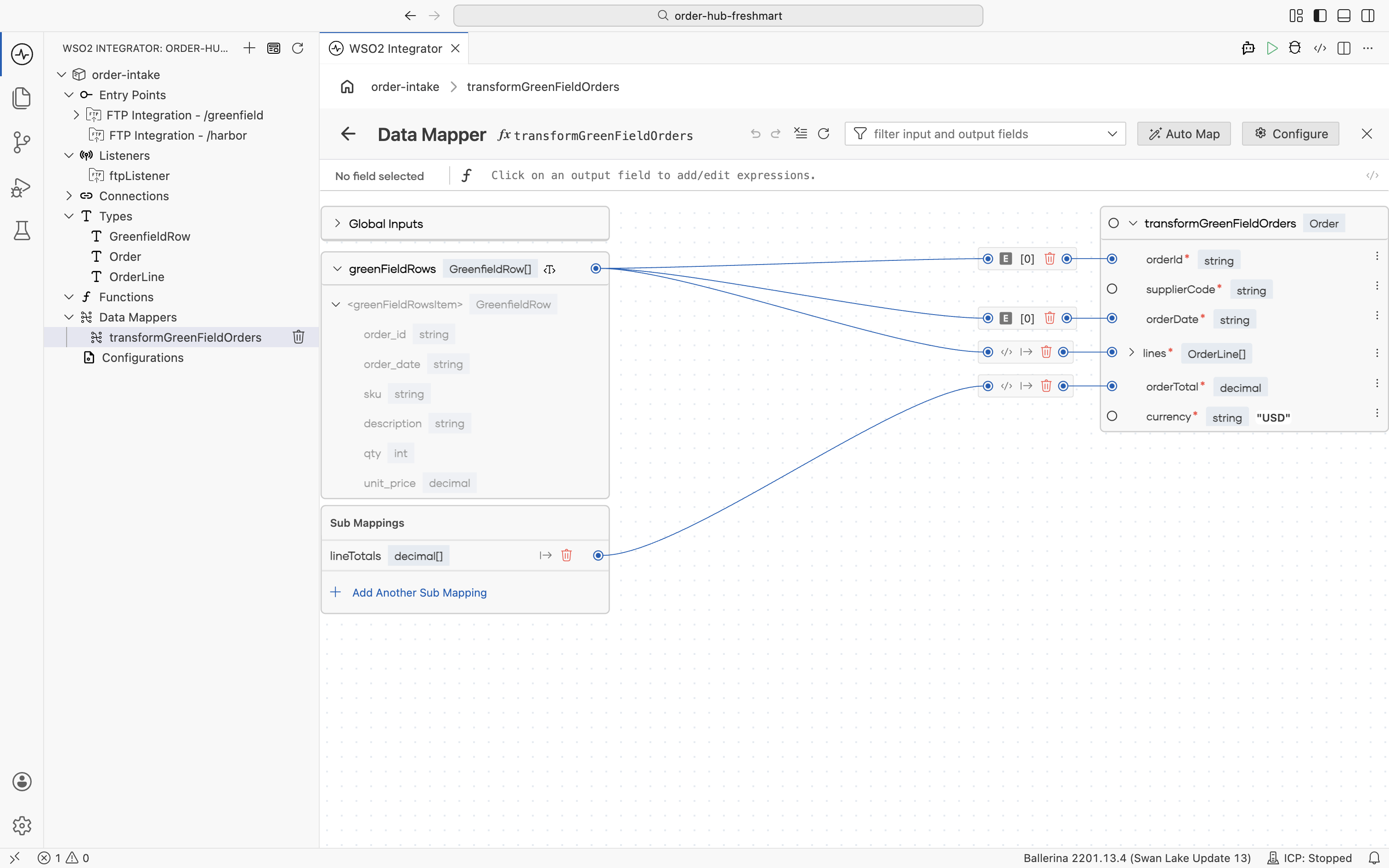 The completed transformGreenFieldOrders data mapper, with every Order field mapped from the greenFieldRows input