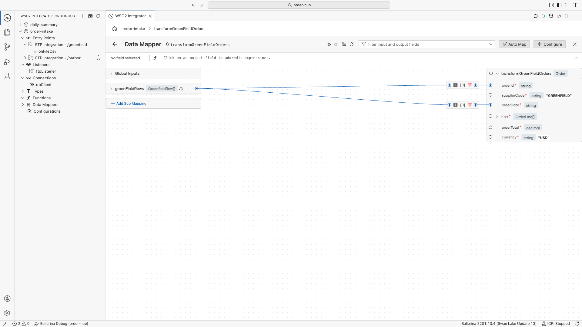 The data mapper with supplierCode set to the constant GREENFIELD and currency set to the constant USD