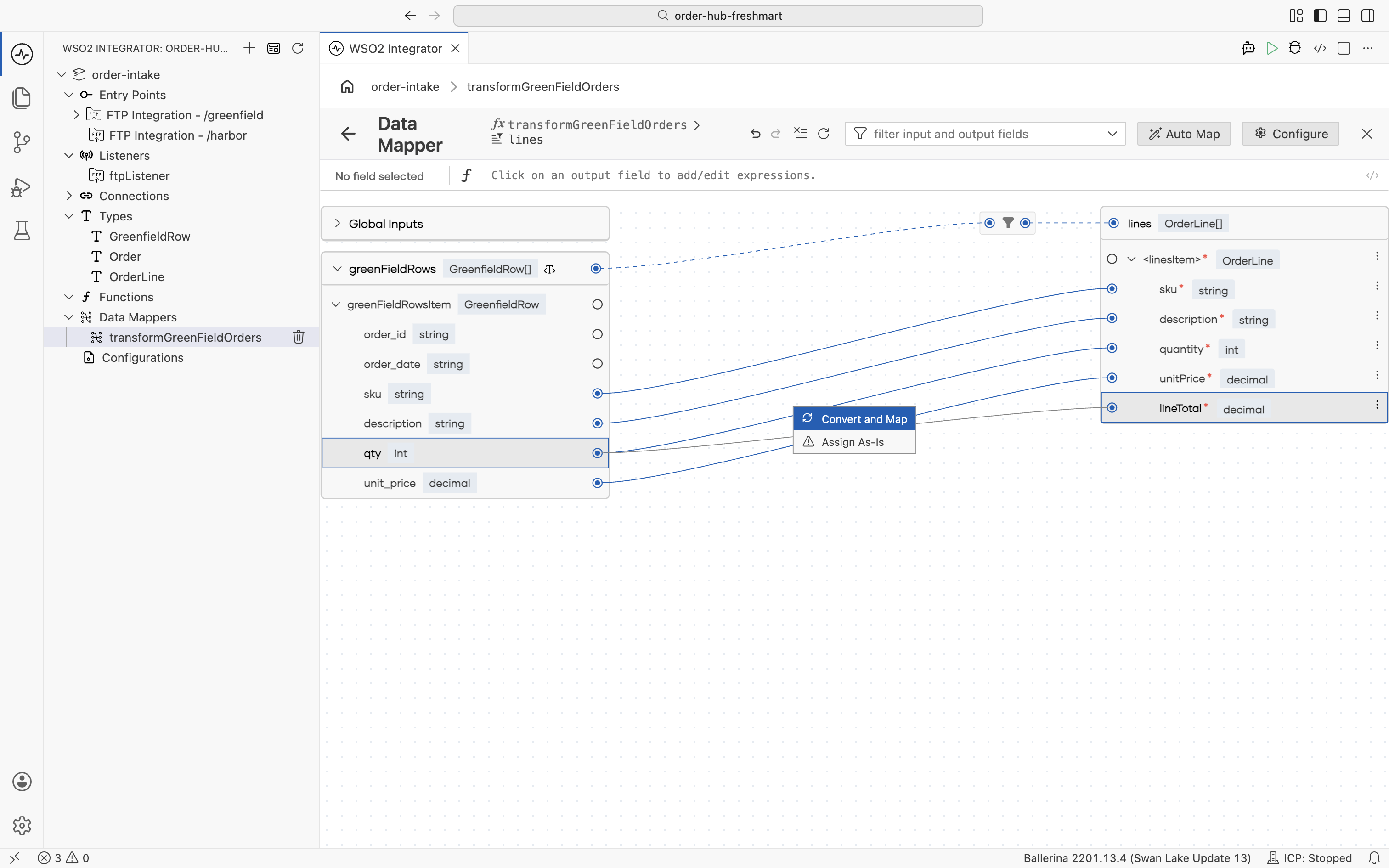 The per-element mapping from a greenFieldRows item to an OrderLine, with the Convert and Map option offered for the line total