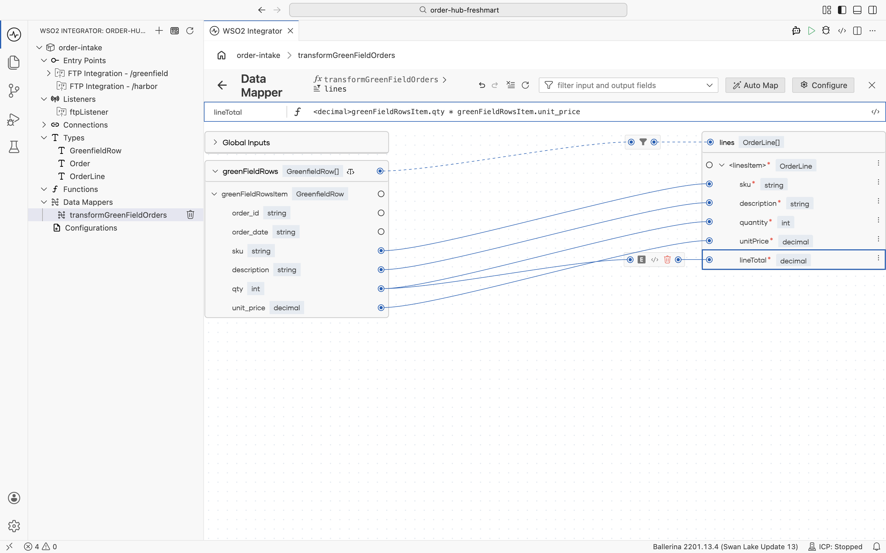 The expression editor computing lineTotal as the decimal-cast qty multiplied by unit_price
