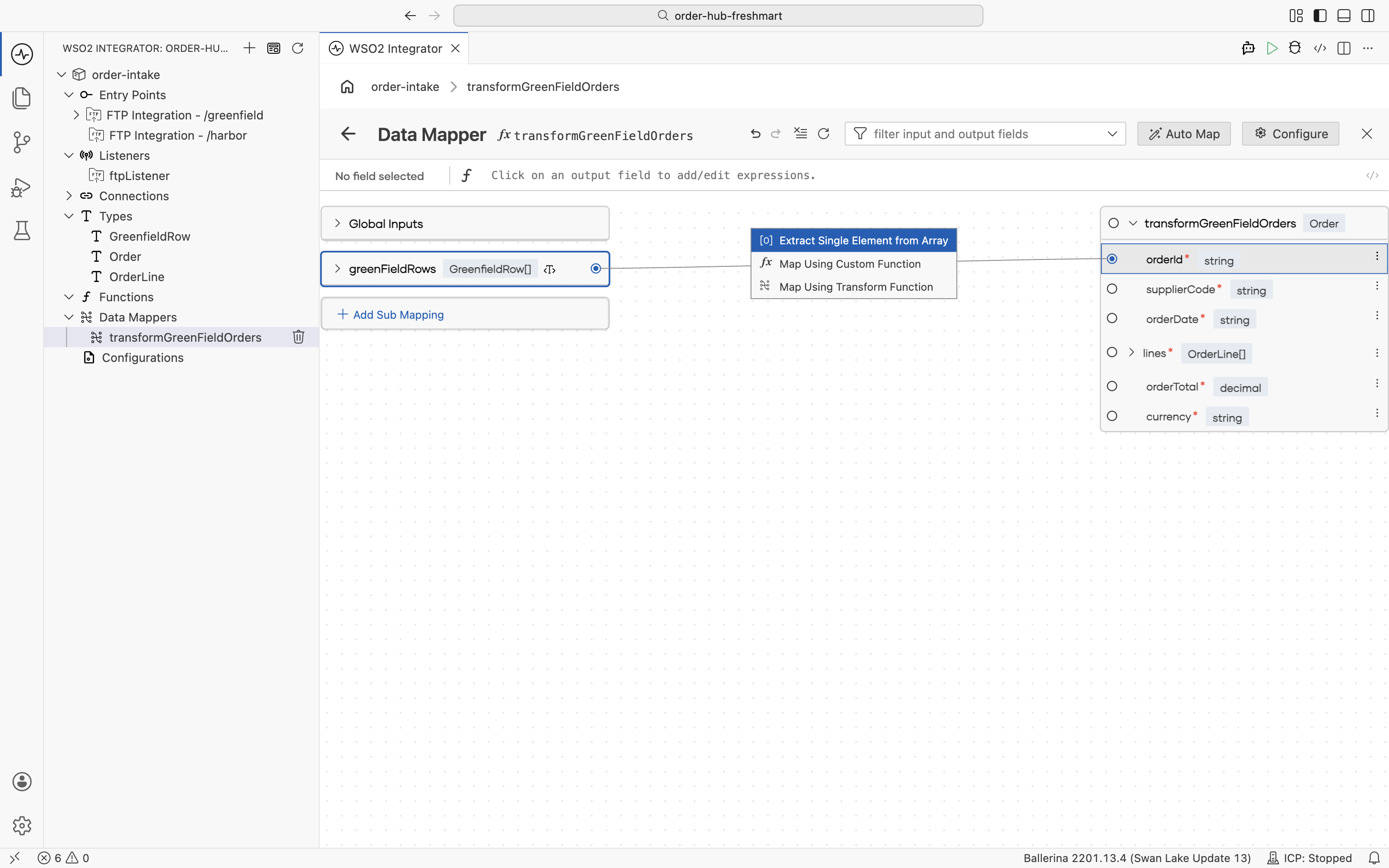 The data mapper showing the mapping options for orderId, with Extract Single Element from Array selected