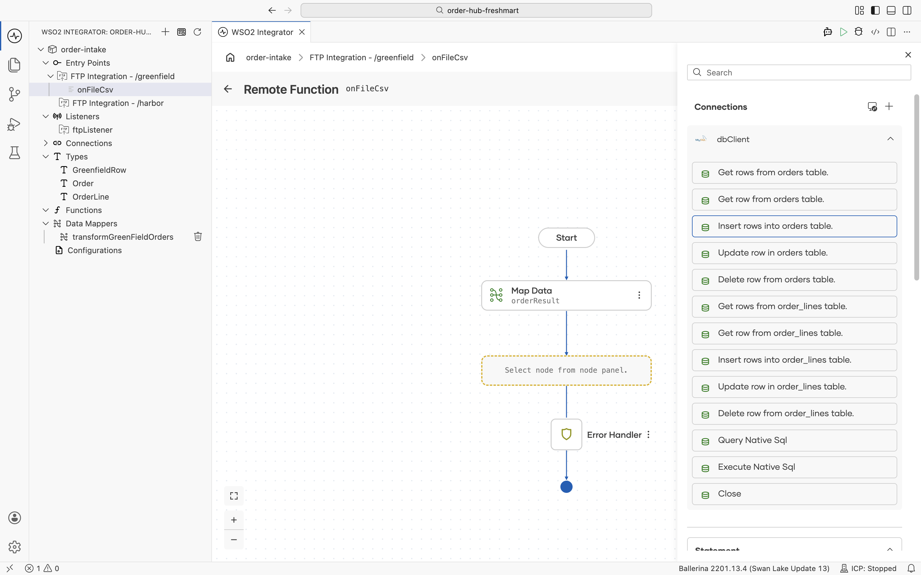 The dbClient connection operations with Insert rows into orders table selected