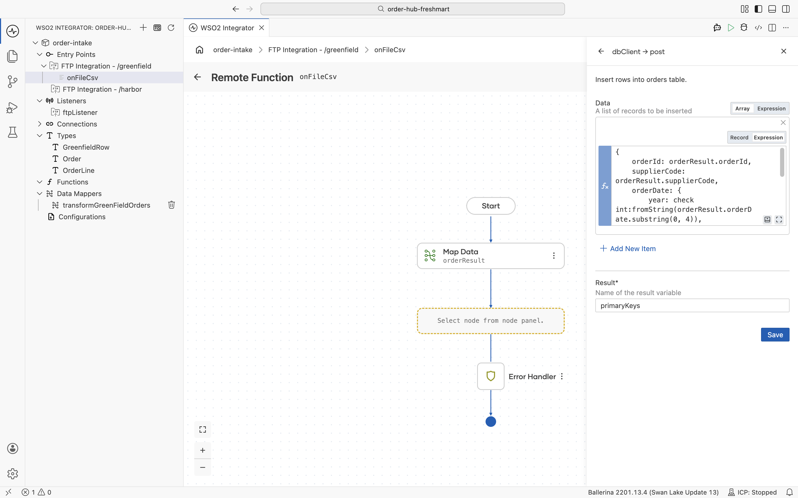 The orders insert node with its data array and the result named primaryKeys