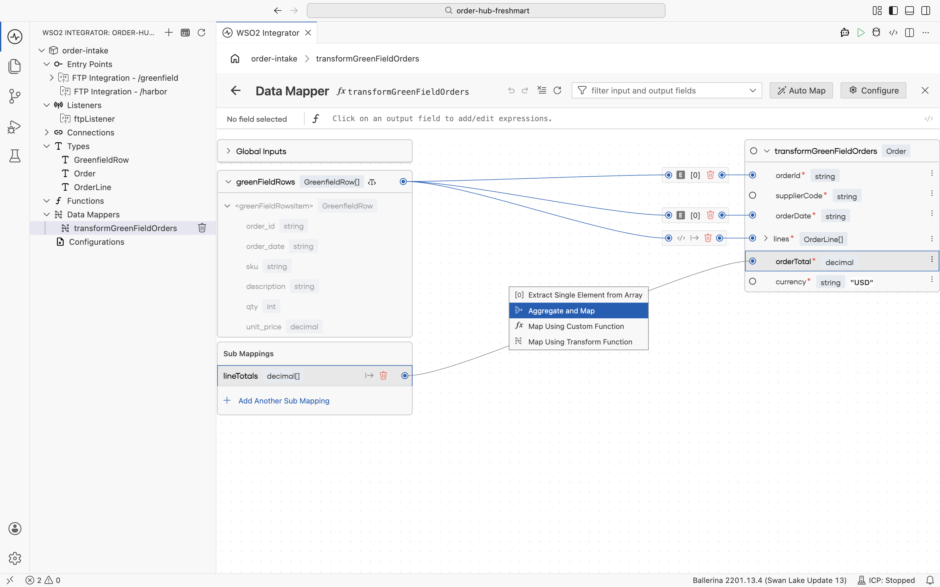 The mapping options for orderTotal with Aggregate and Map selected