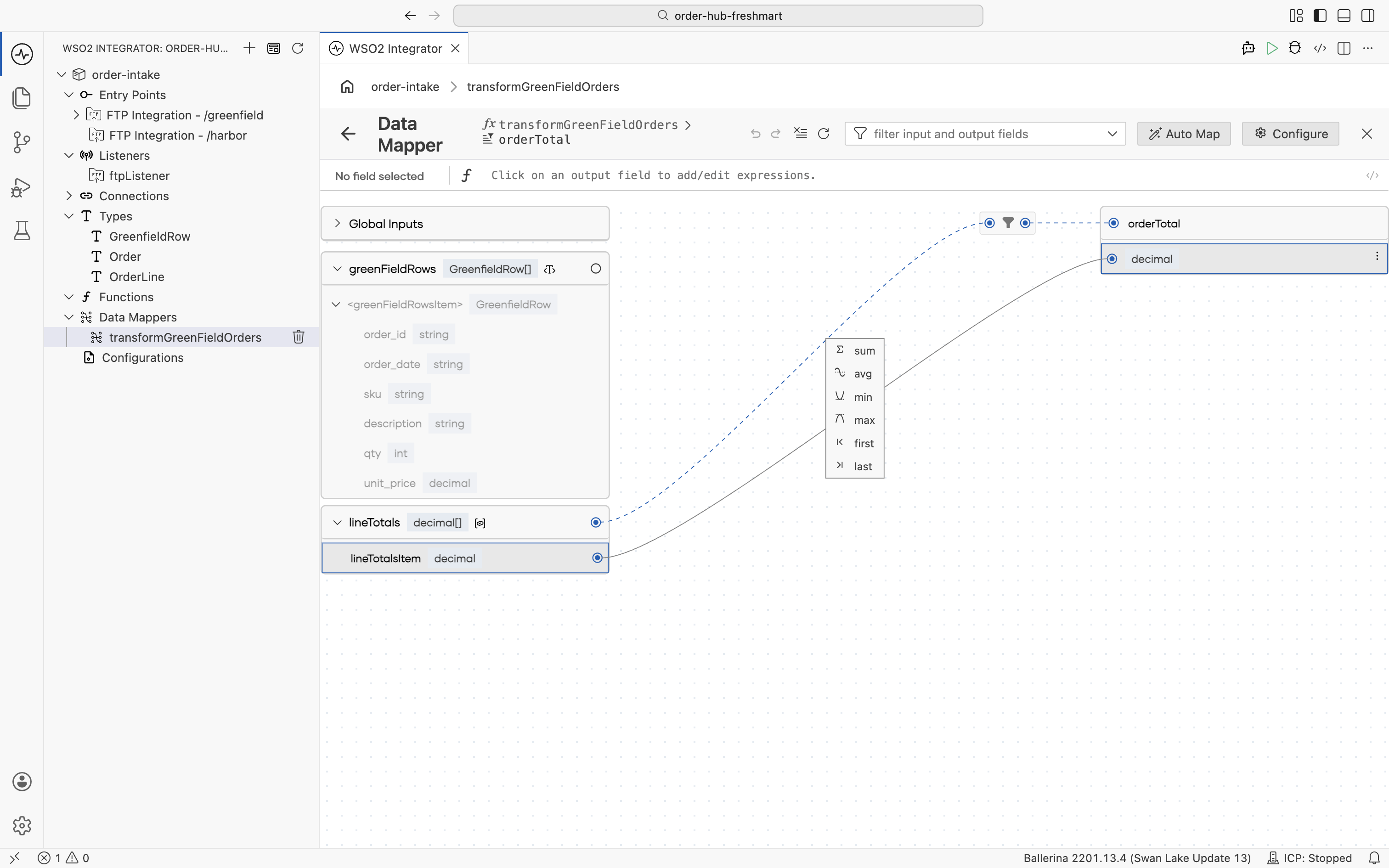 The aggregate function list with sum selected for orderTotal