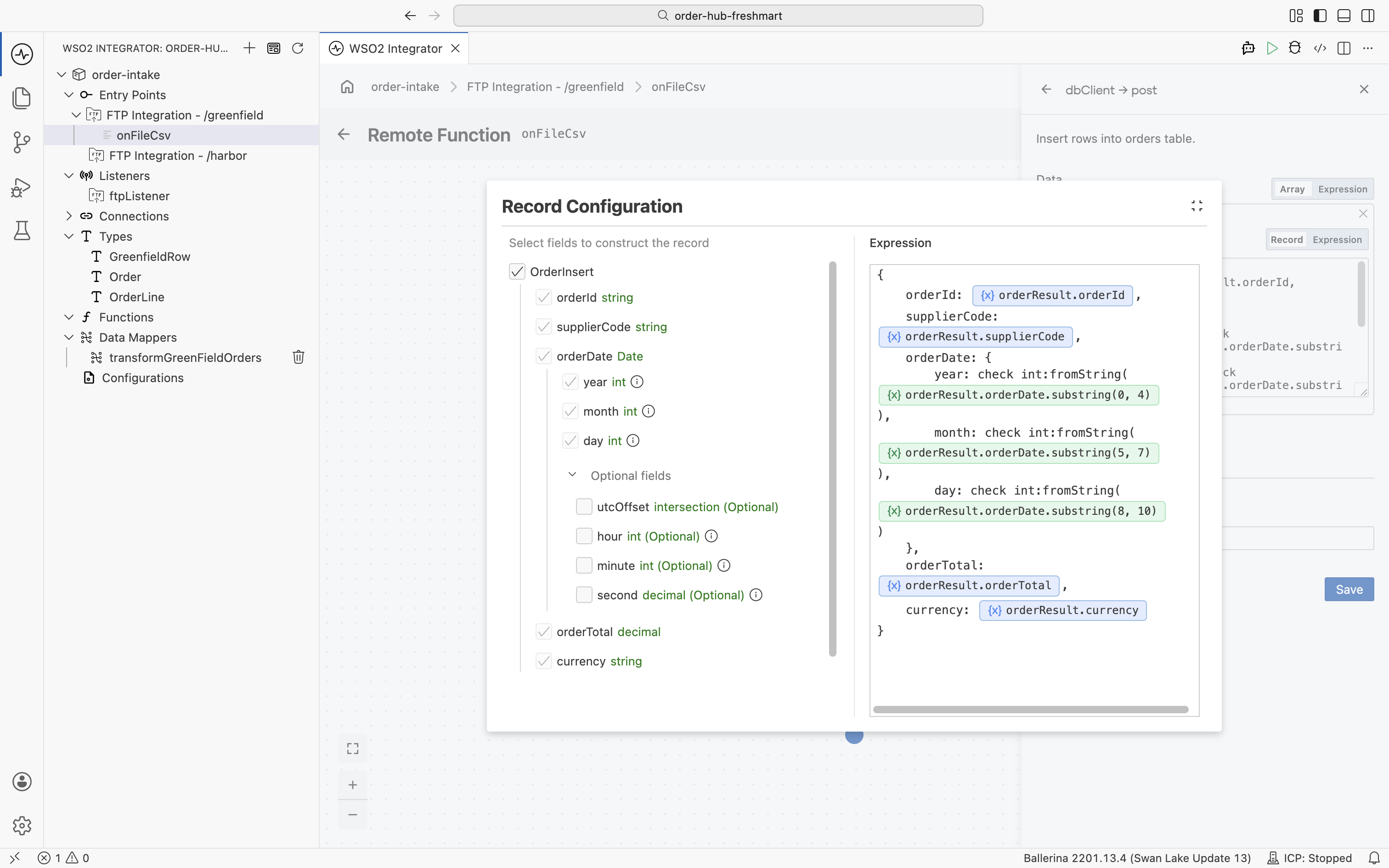 The Record Configuration for the orders insert, building the record from orderResult and slicing the order date into year, month, and day