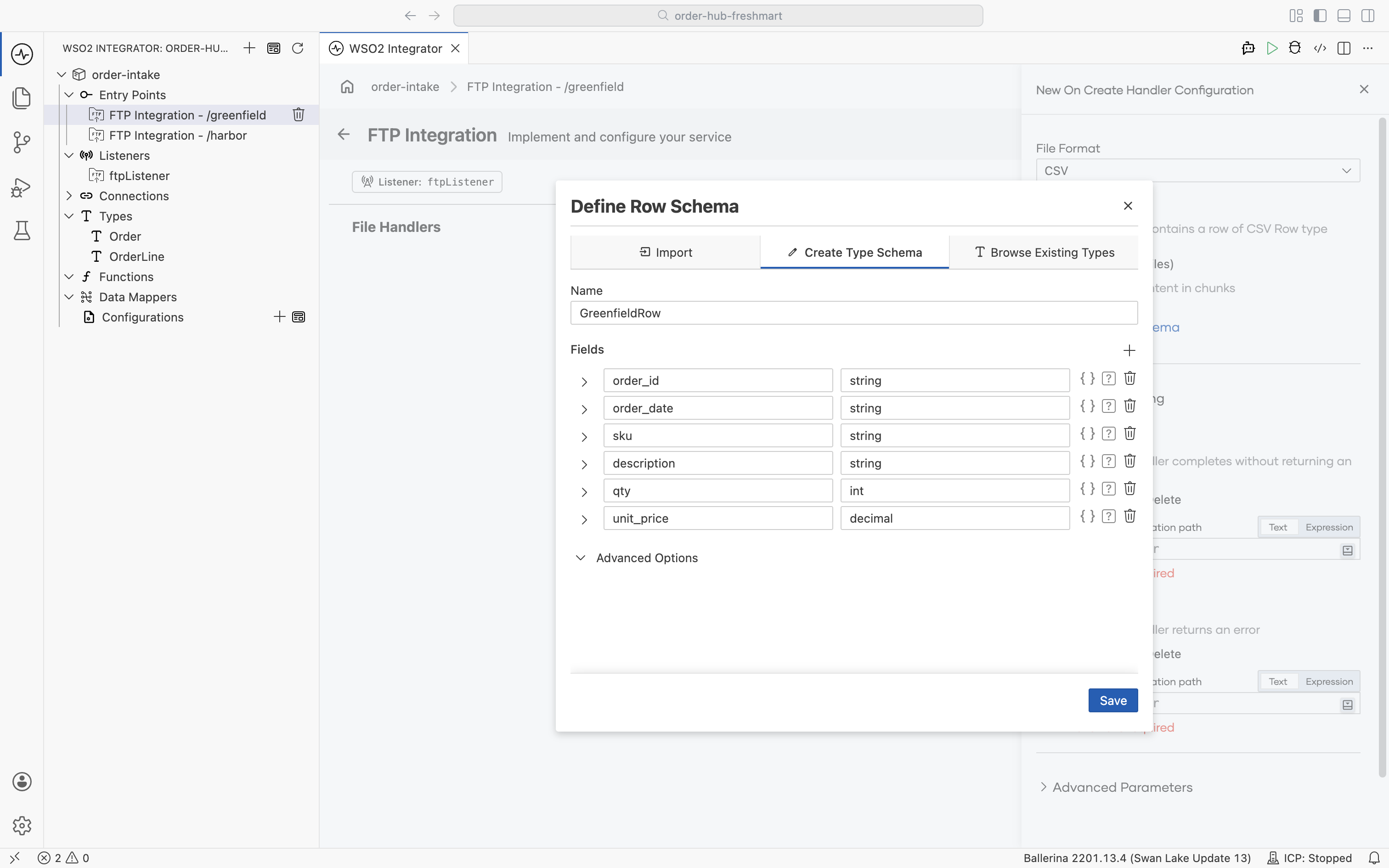 The Define Row Schema dialog creating the GreenfieldRow type with order_id, order_date, sku, description as string, qty as int, and unit_price as decimal