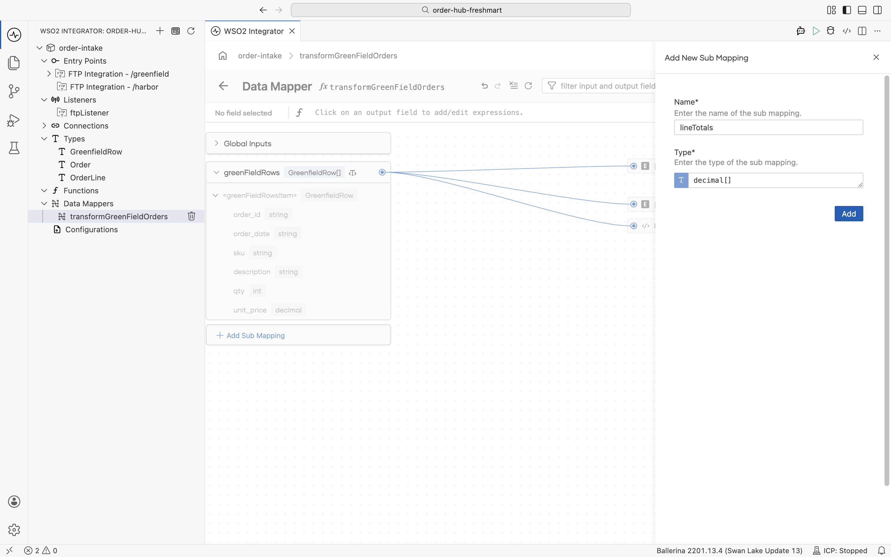 The Add New Sub Mapping panel creating lineTotals of type decimal array