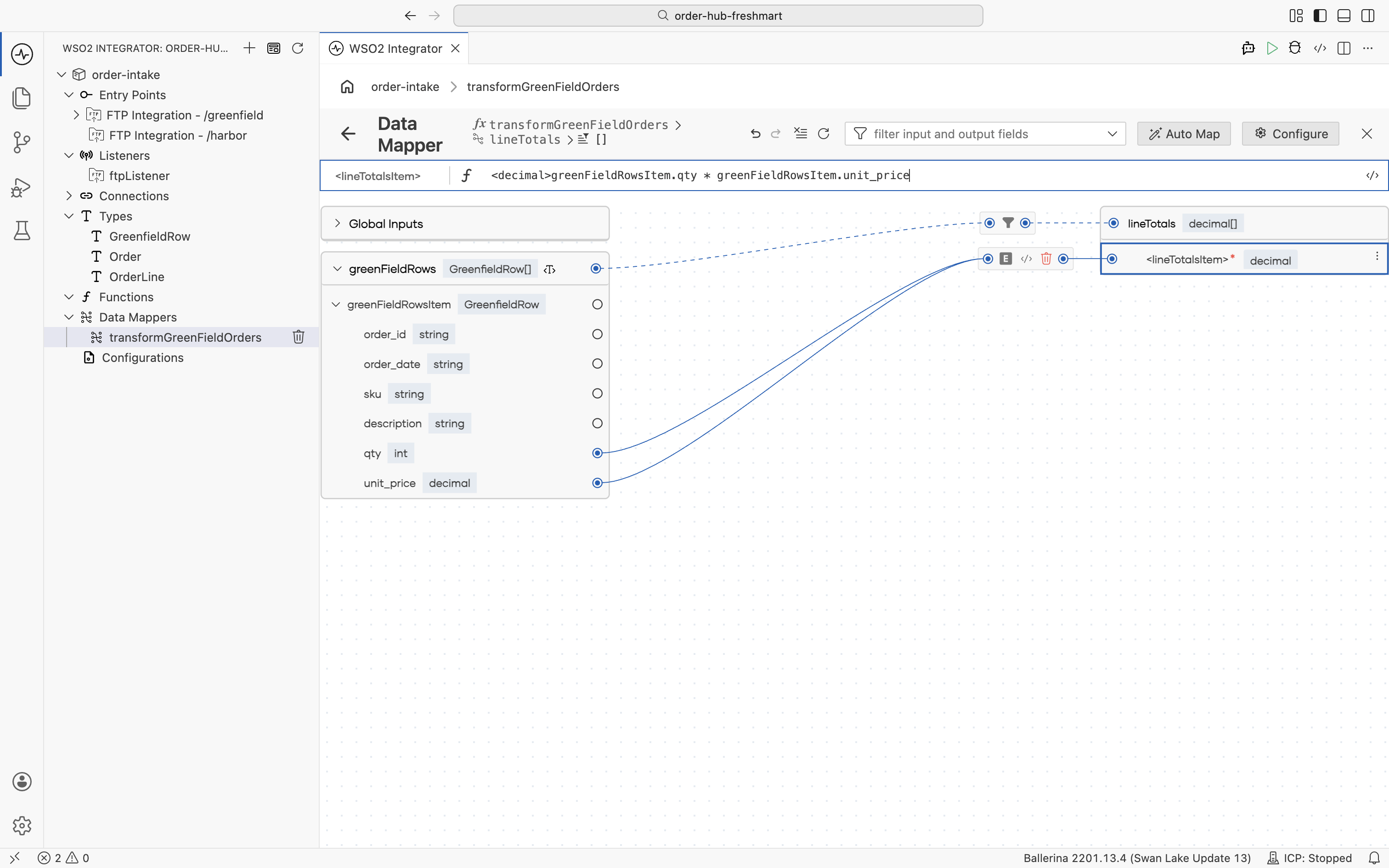 The expression editor computing each lineTotals element as the decimal-cast qty multiplied by unit_price