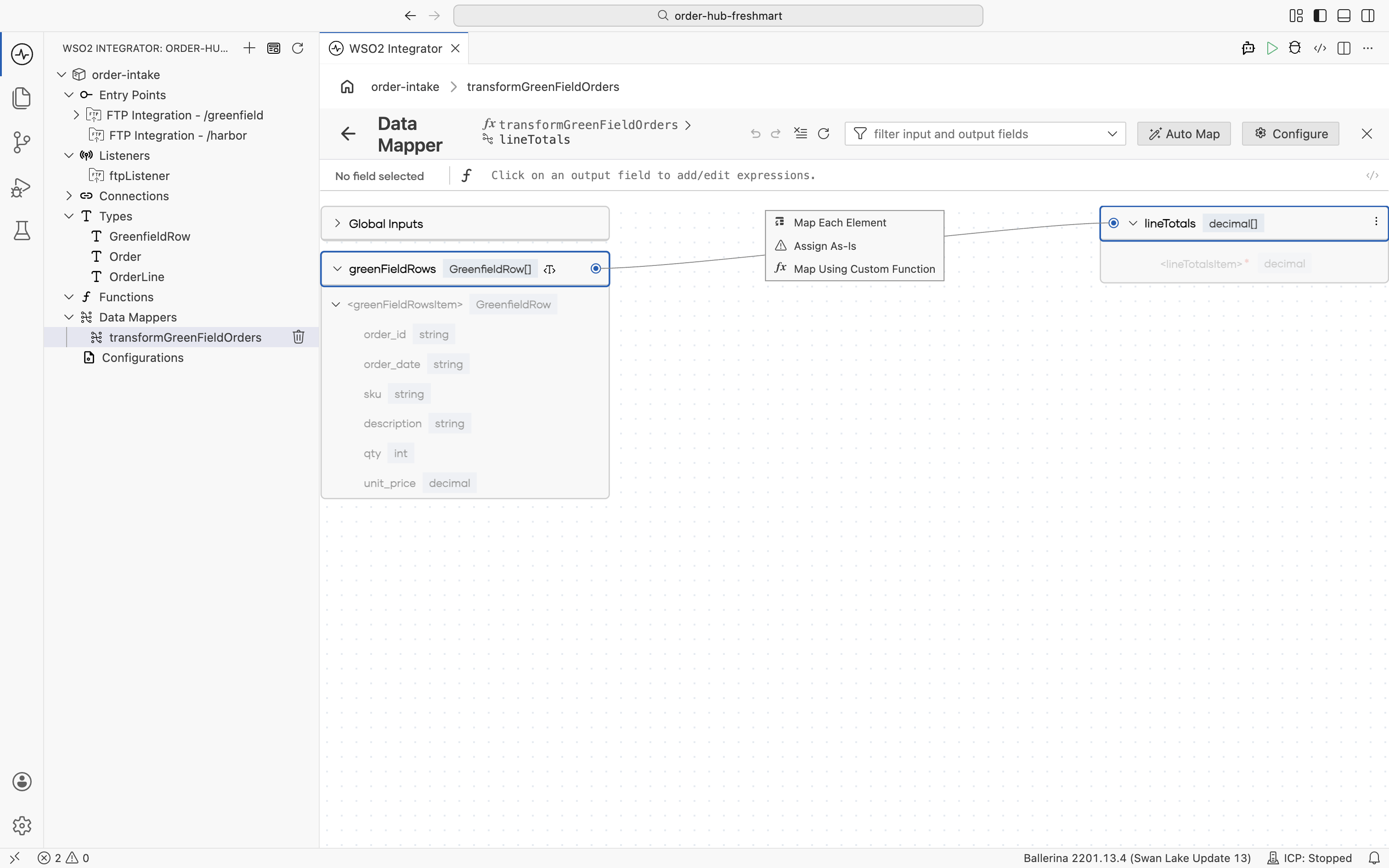 The Map Each Element option for populating the lineTotals sub-mapping from greenFieldRows