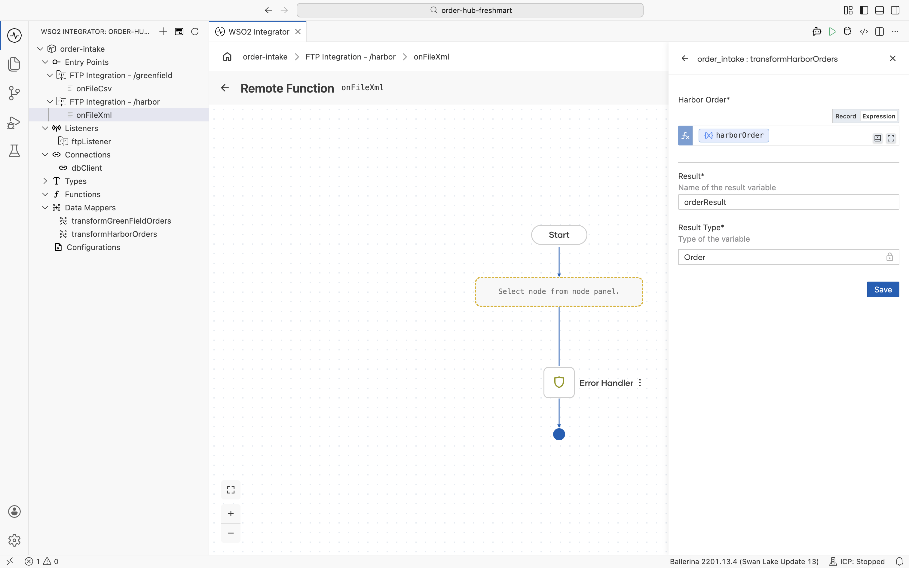 The onFileXml flow with a Map Data node configured to produce orderResult from harborOrder