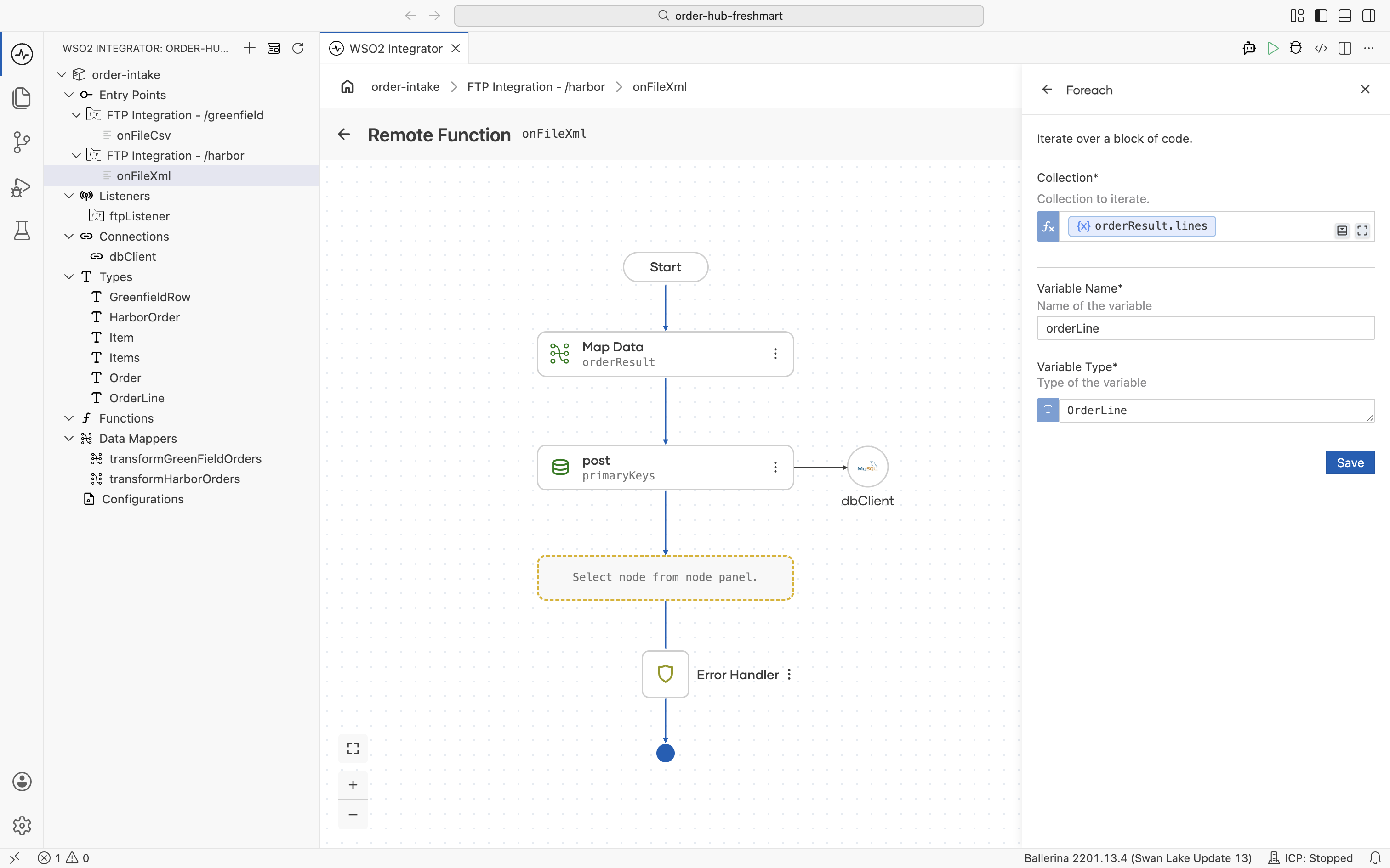 The Foreach node iterating orderResult.lines with the loop variable orderLine