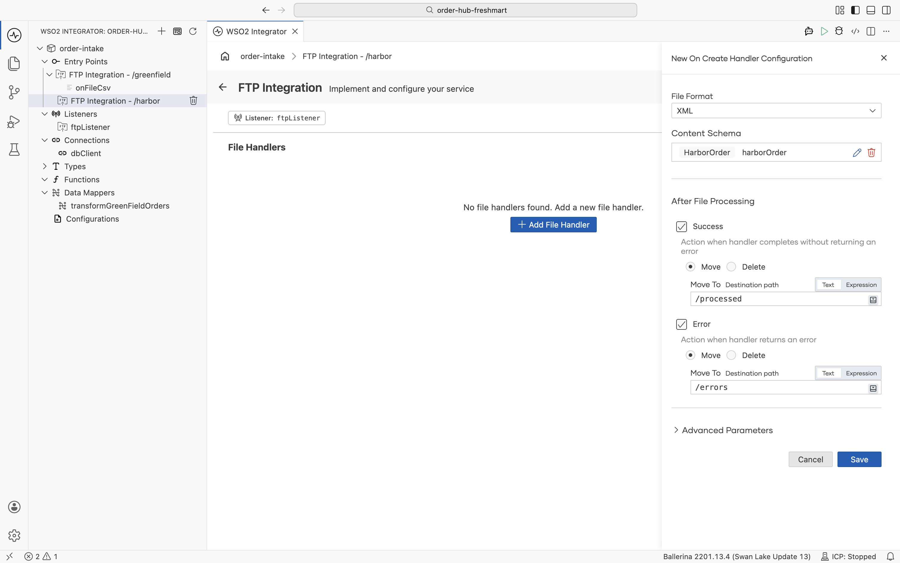 The On Create handler configuration for Harbor: File Format XML, Content Schema HarborOrder harborOrder, and the move-to archiving paths