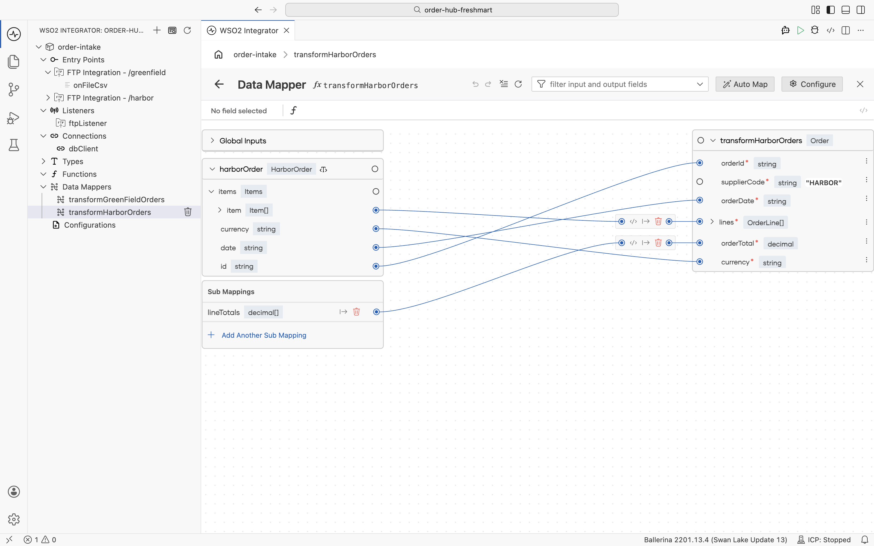 The completed transformHarborOrders data mapper, with every Order field mapped from the HarborOrder input
