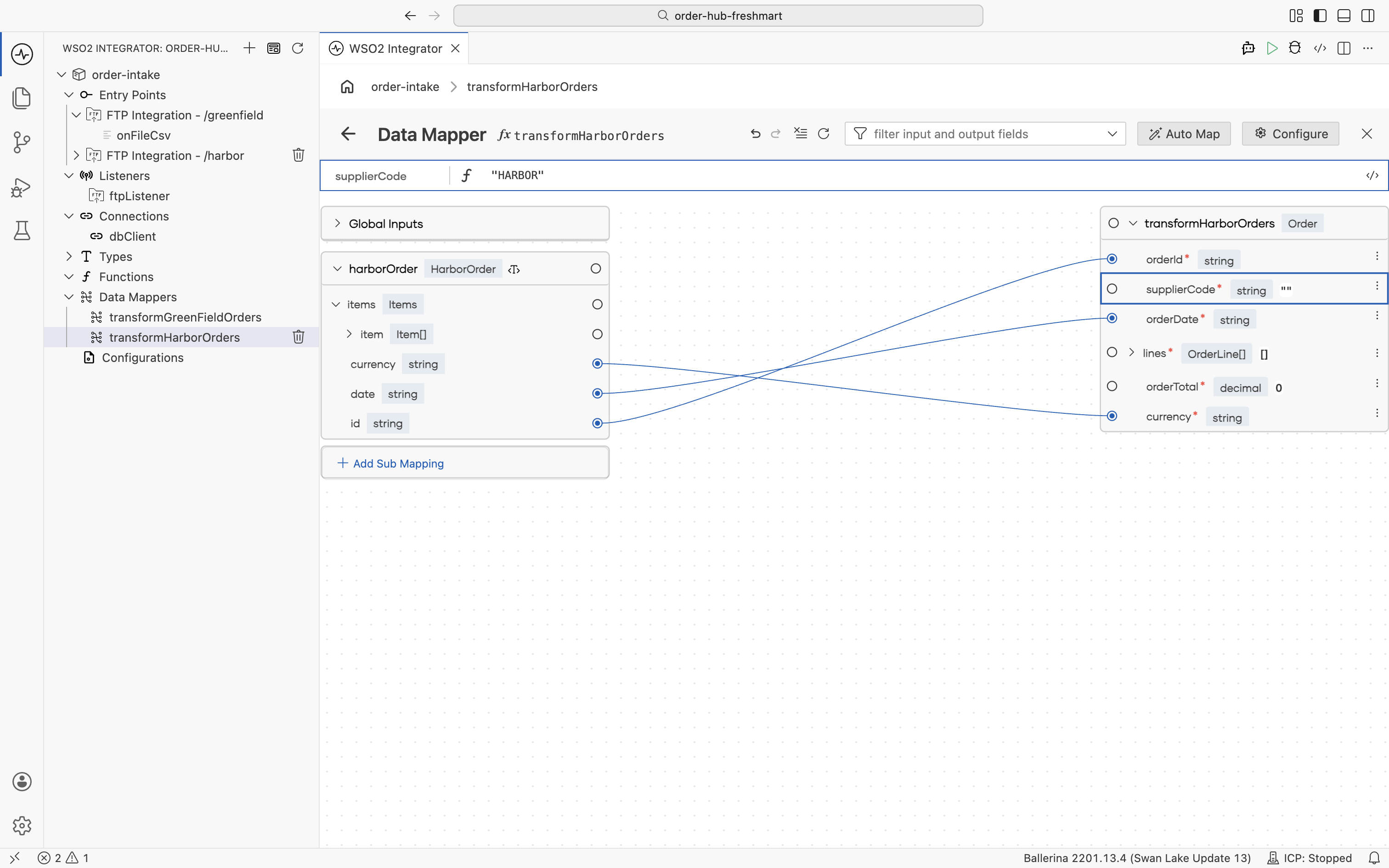 The data mapper with supplierCode set to the constant HARBOR