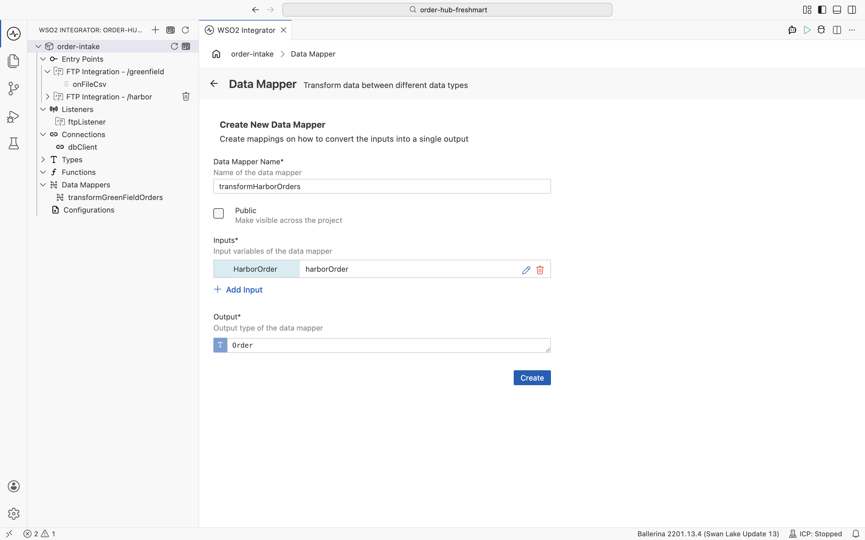The Create New Data Mapper form: name transformHarborOrders, input HarborOrder harborOrder, output Order