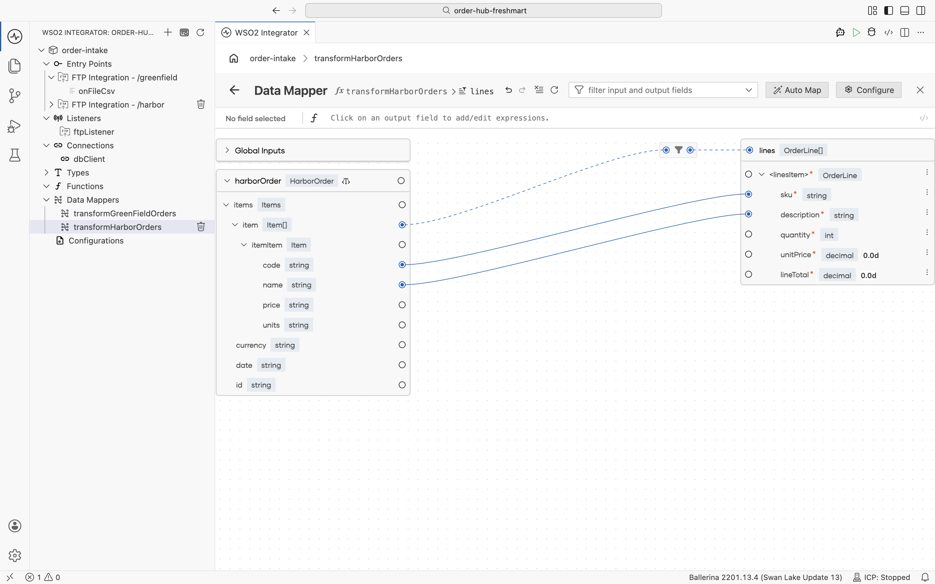 The per-element mapping from an item to an OrderLine, mapping sku from code and description from name