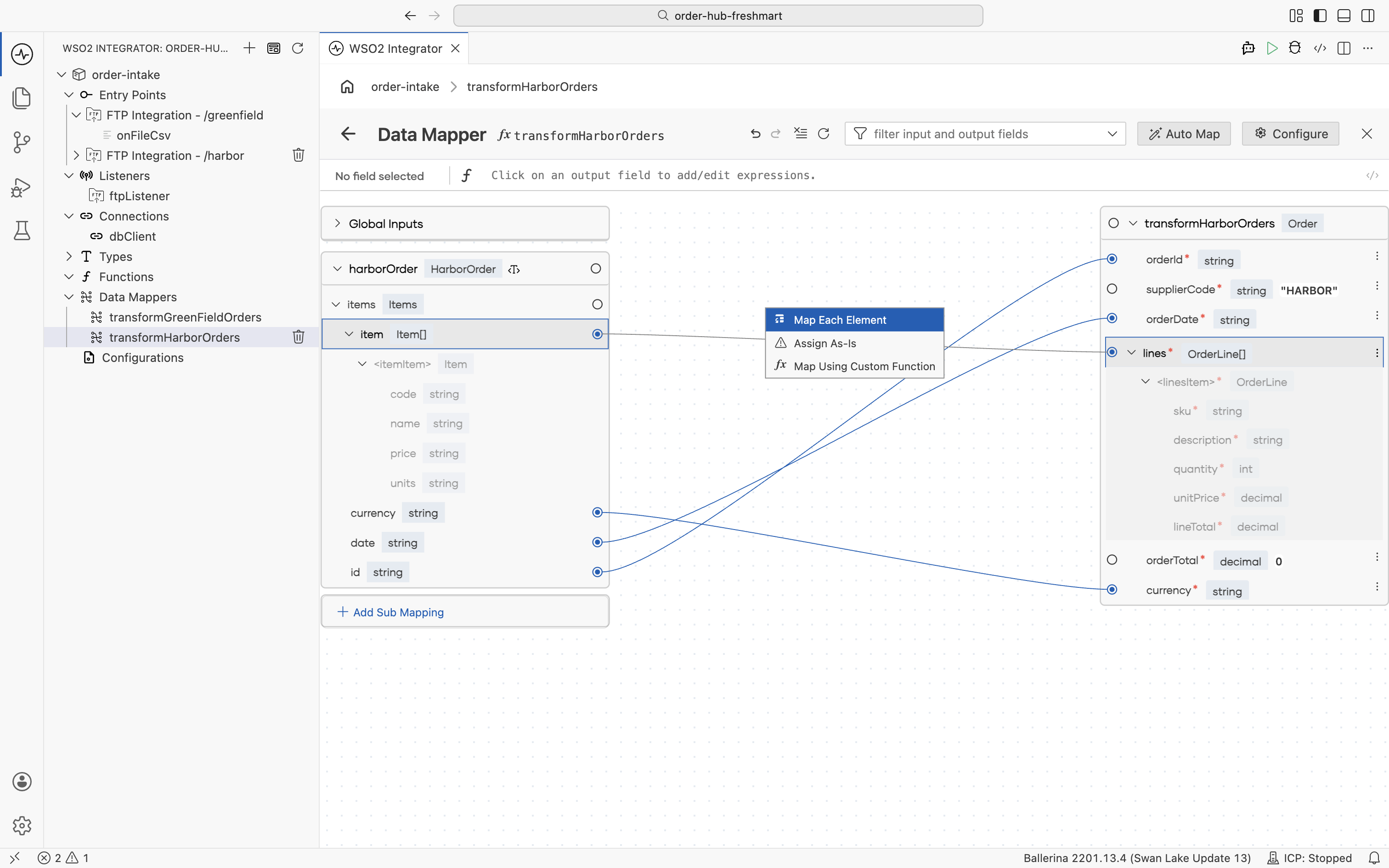 The Map Each Element option for mapping the item array onto the lines array
