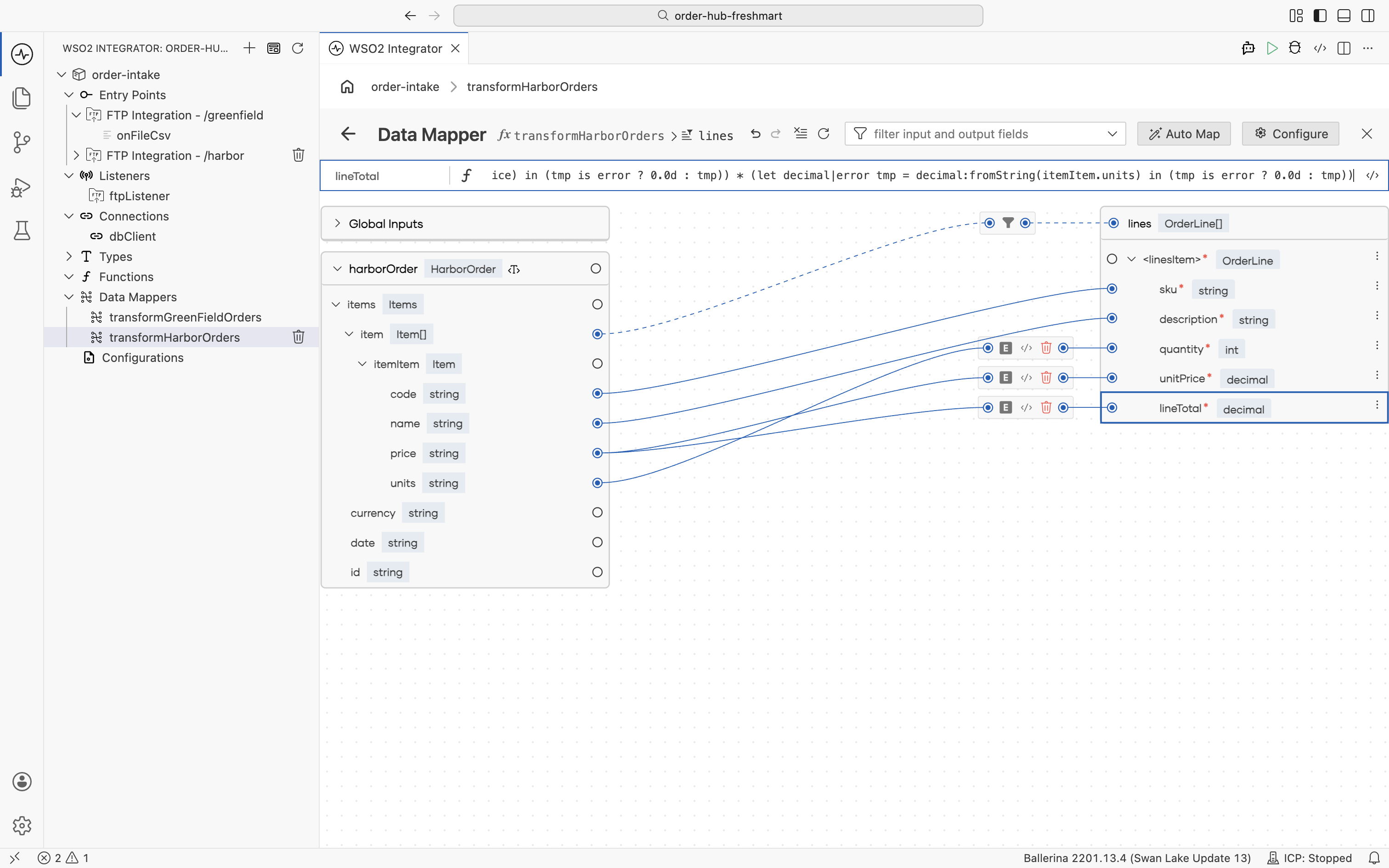 The expression editor computing lineTotal as the converted price multiplied by the converted units