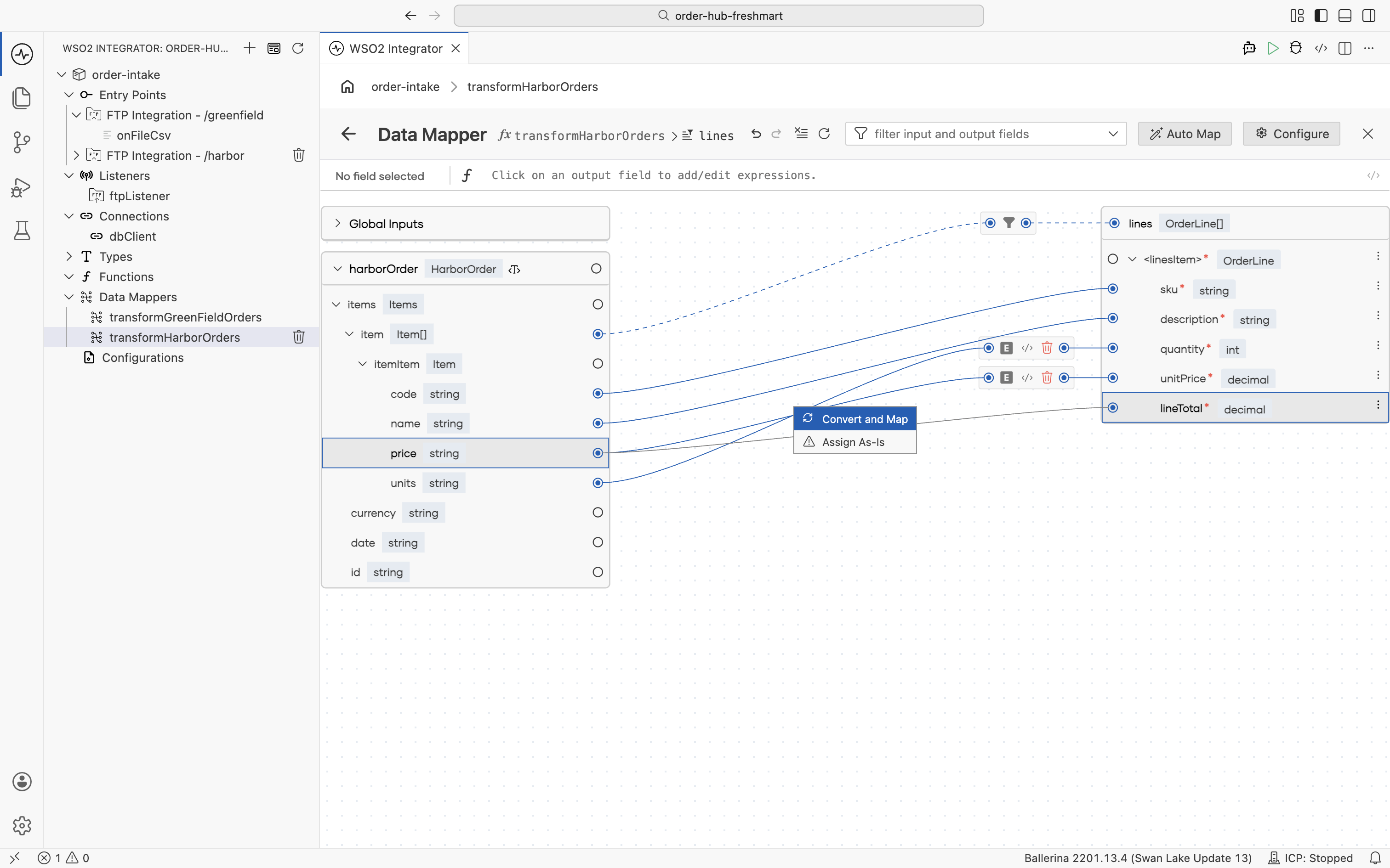 The Convert and Map option offered for the line total