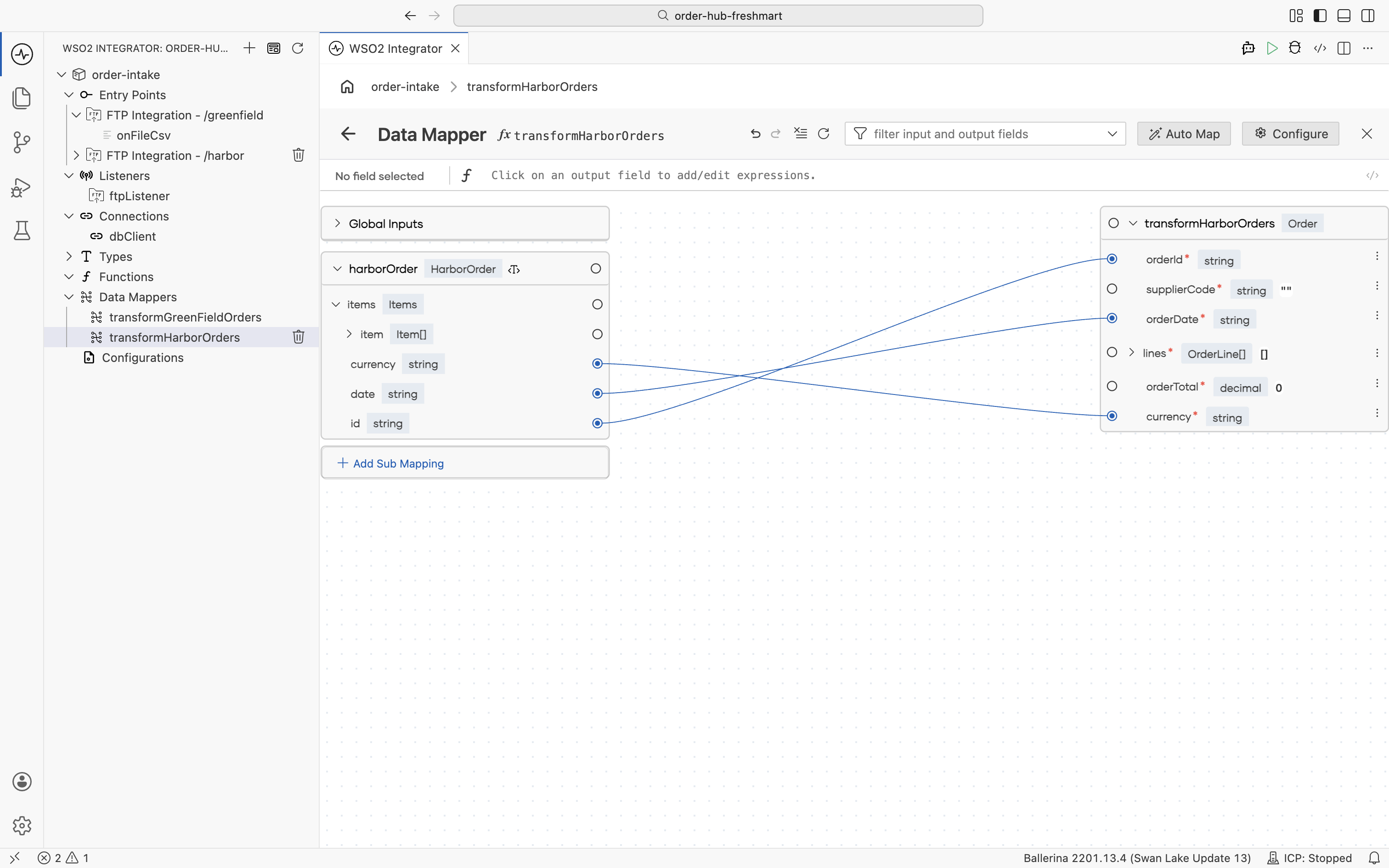 The data mapper mapping orderId, currency, and orderDate from the HarborOrder attributes