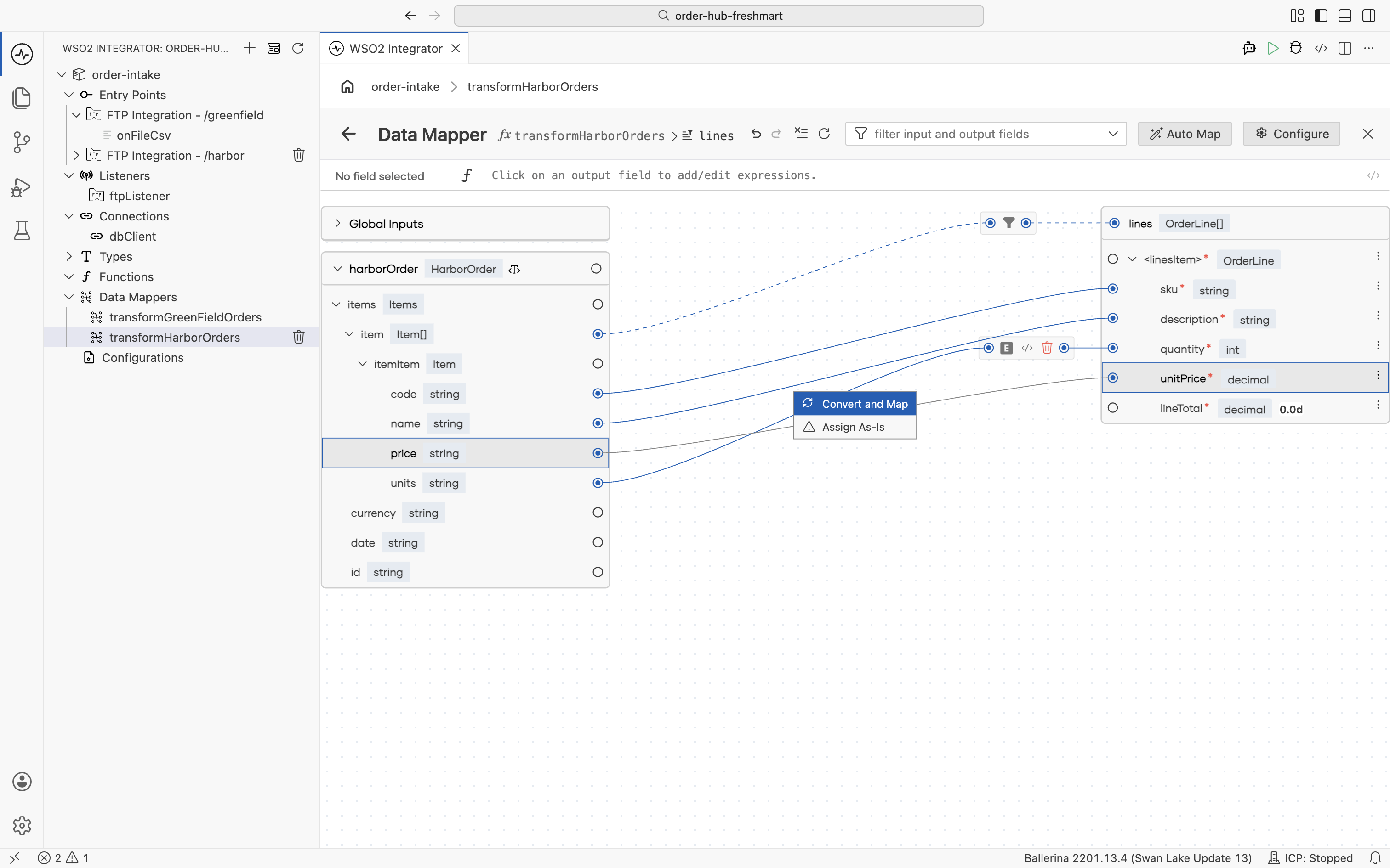 The Convert and Map option offered when mapping the string price onto the decimal unitPrice