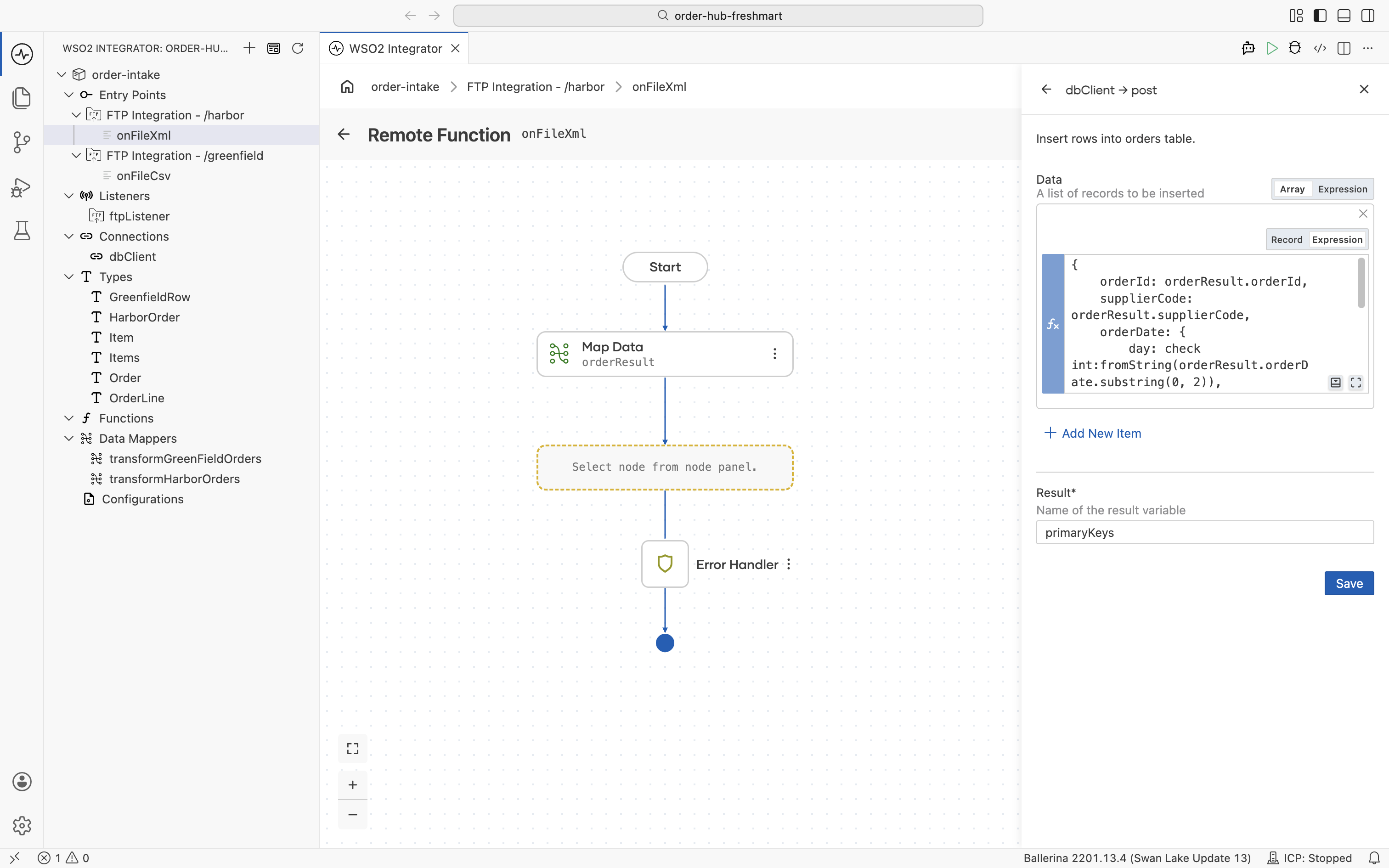 The orders insert node with its data array and the result named primaryKeys