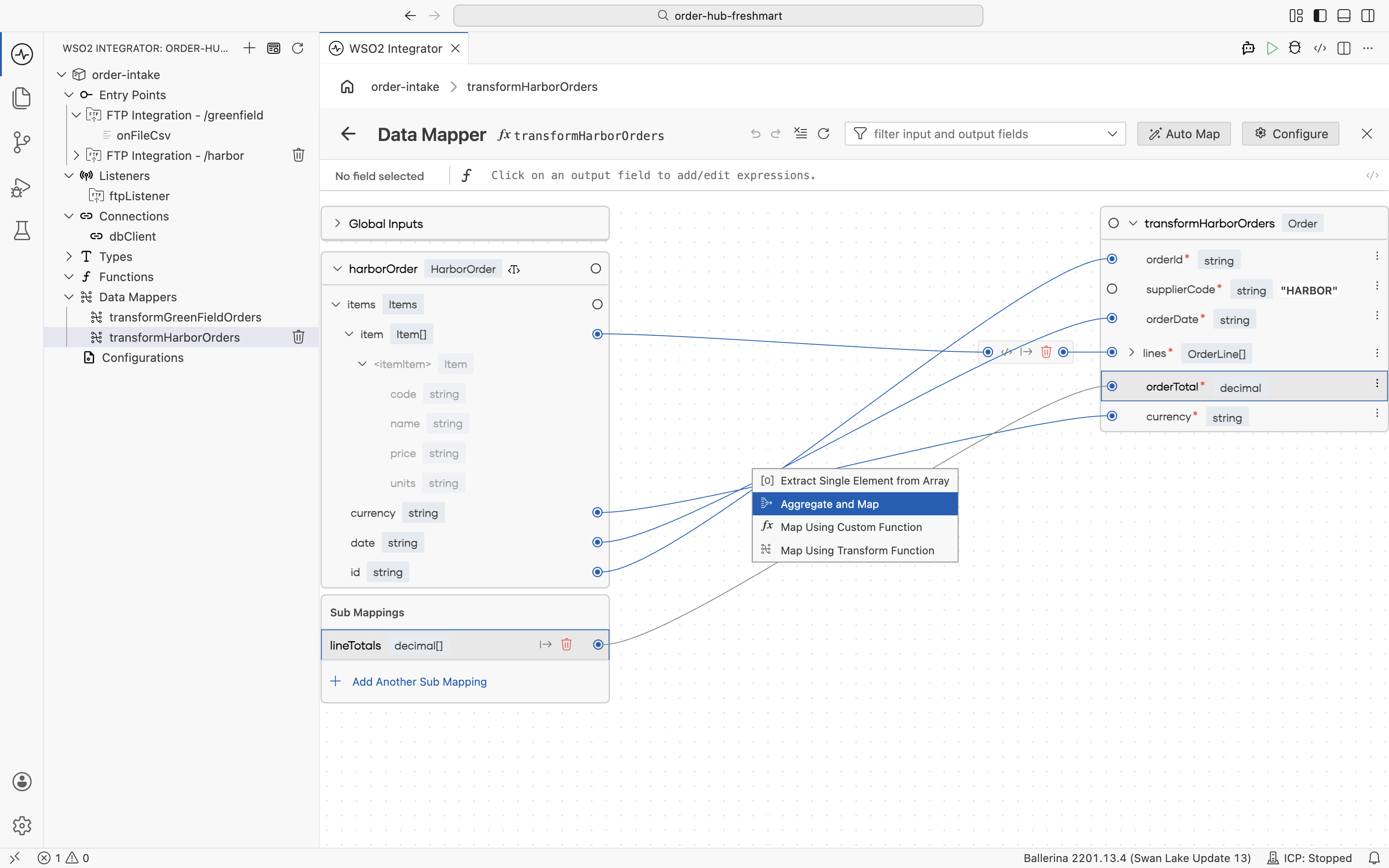 The mapping options for orderTotal with Aggregate and Map selected