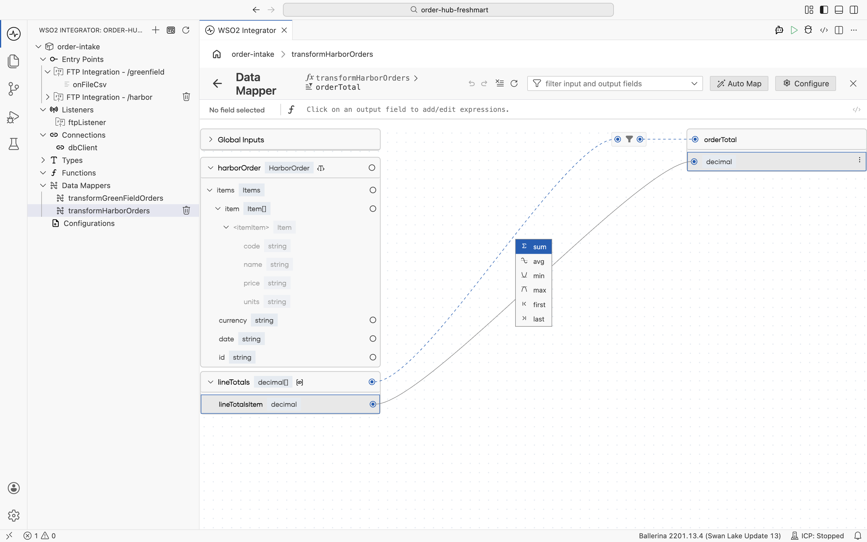 The aggregate function list with sum selected for orderTotal
