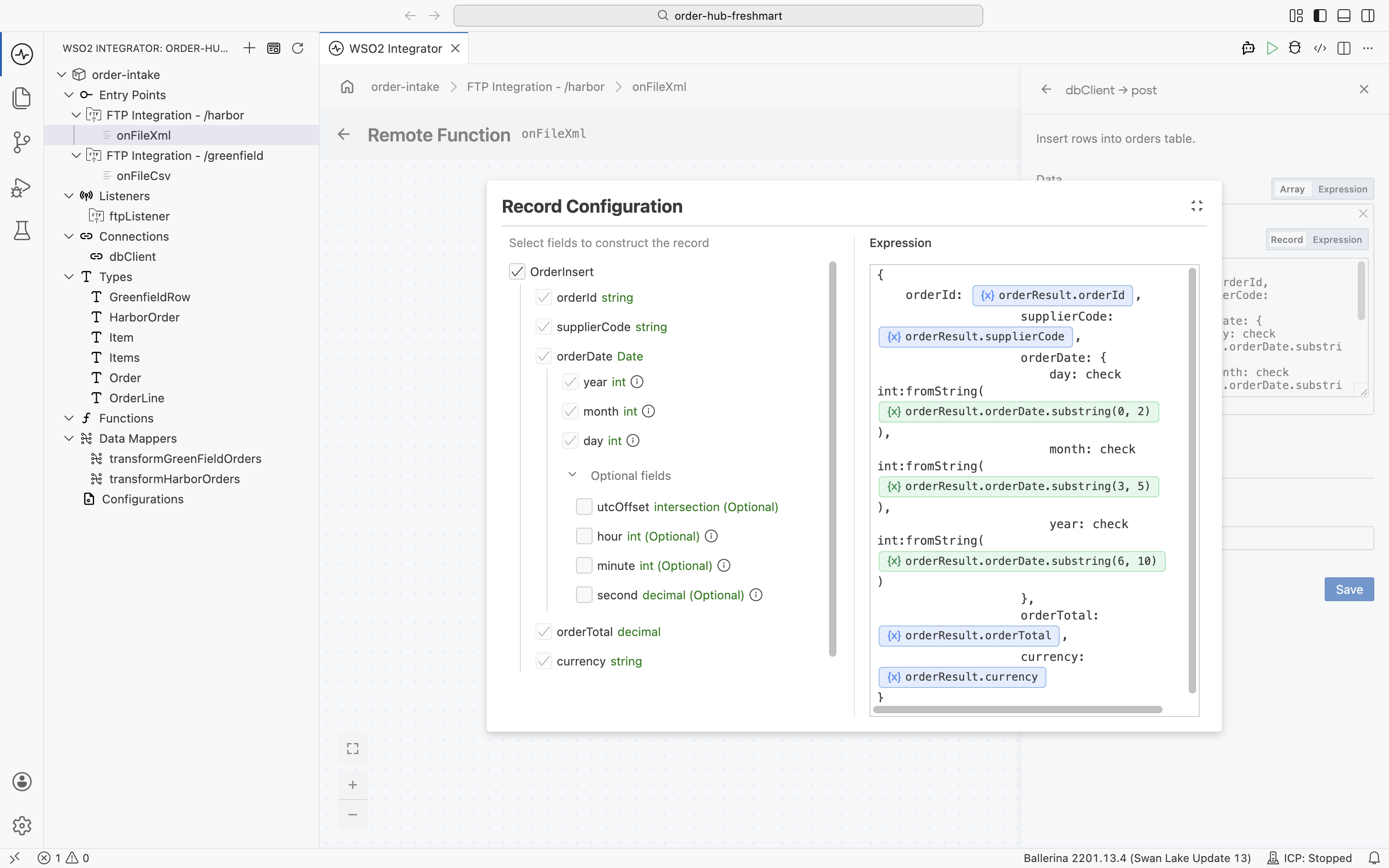 The Record Configuration for the orders insert, building the record from orderResult and parsing the DD/MM/YYYY date into day, month, and year