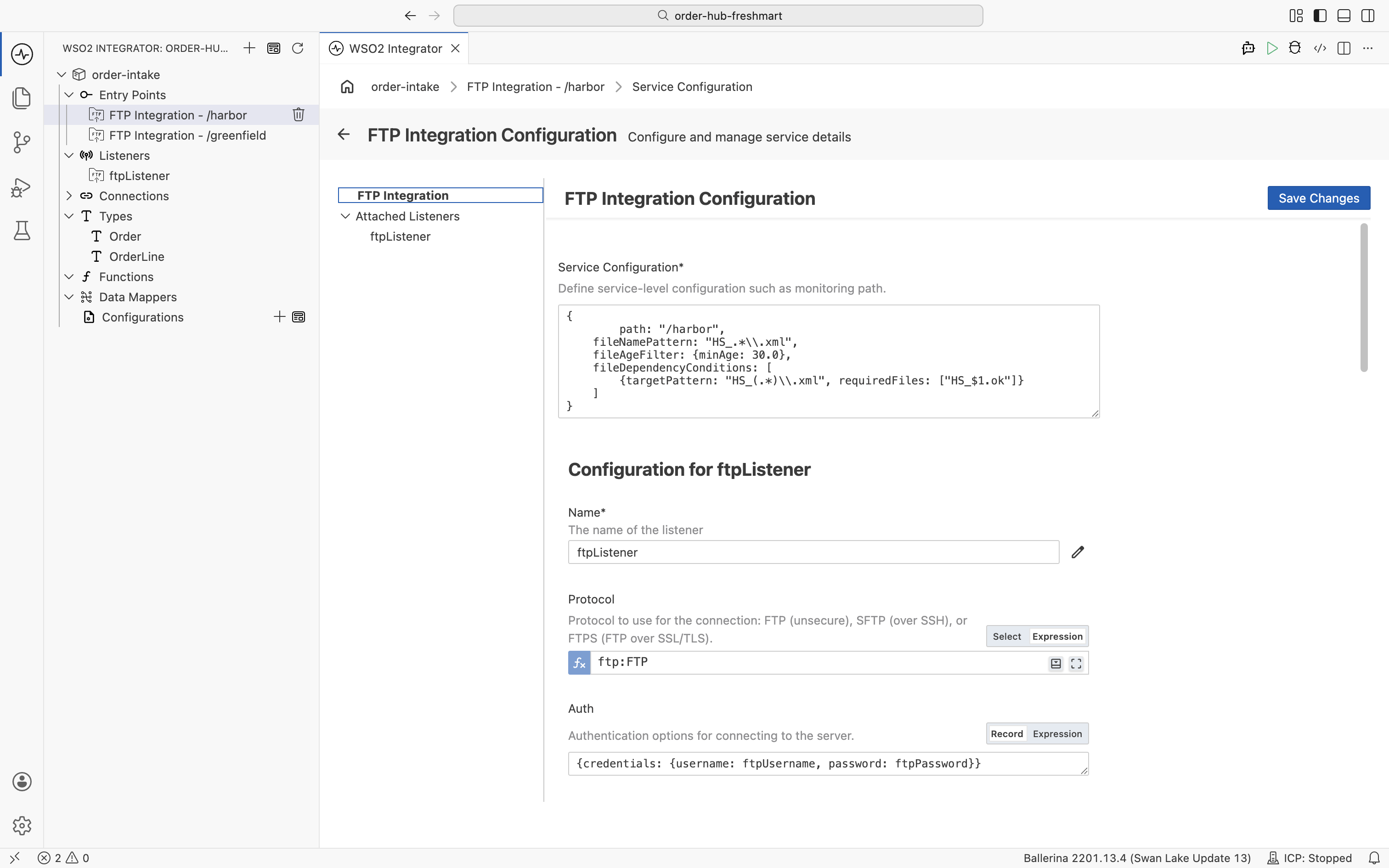 The Harbor Service Configuration record showing path /harbor, fileNamePattern HS_.*.xml, the 30-second fileAgeFilter, and the fileDependencyConditions requiring HS_$1.ok