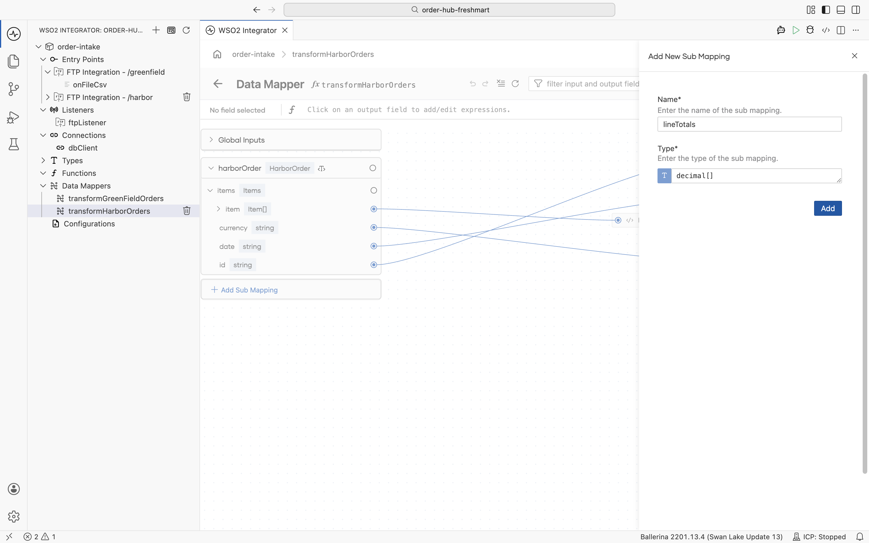The Add New Sub Mapping panel creating lineTotals of type decimal array