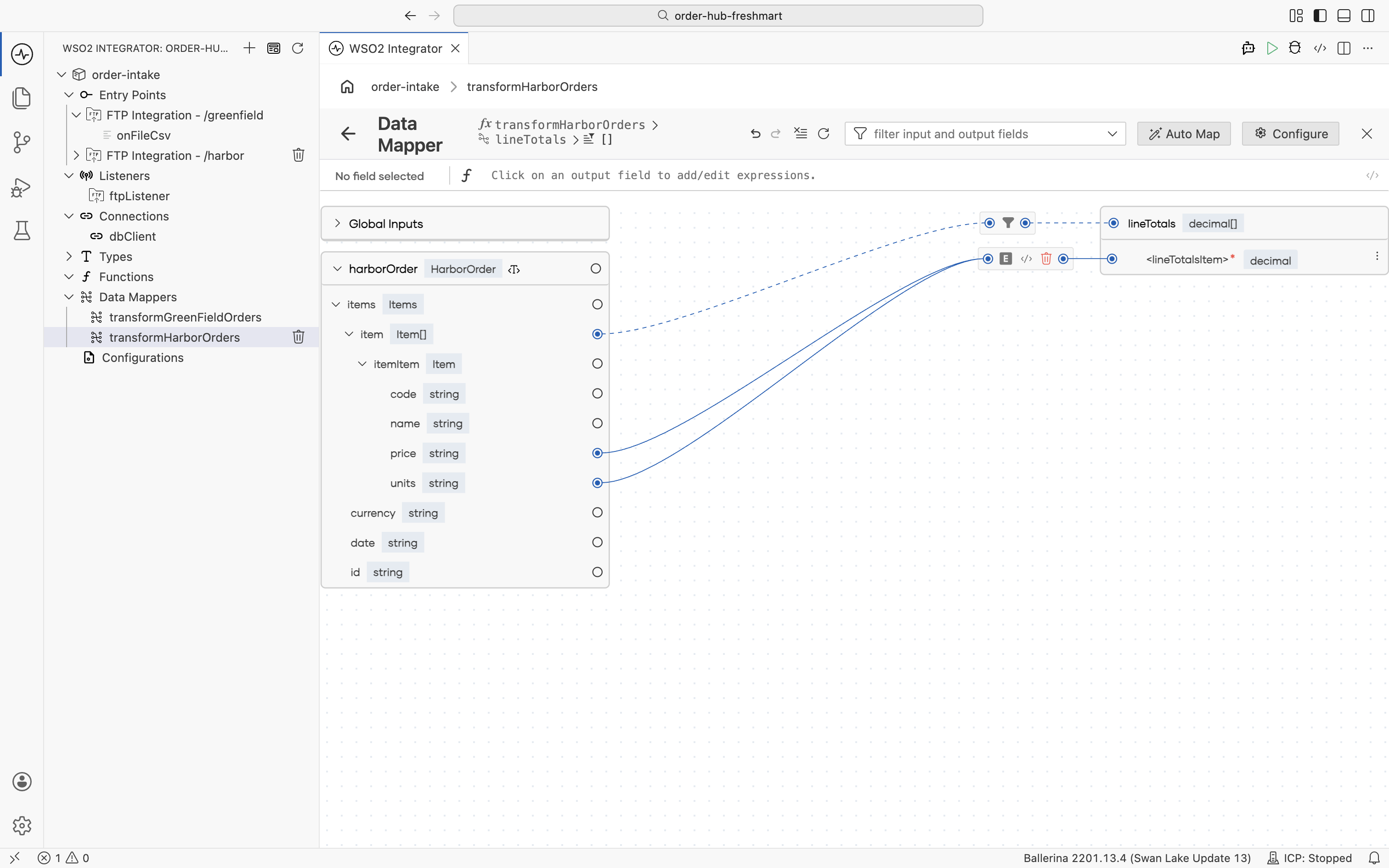 The expression editor computing each lineTotals element from the converted price and units