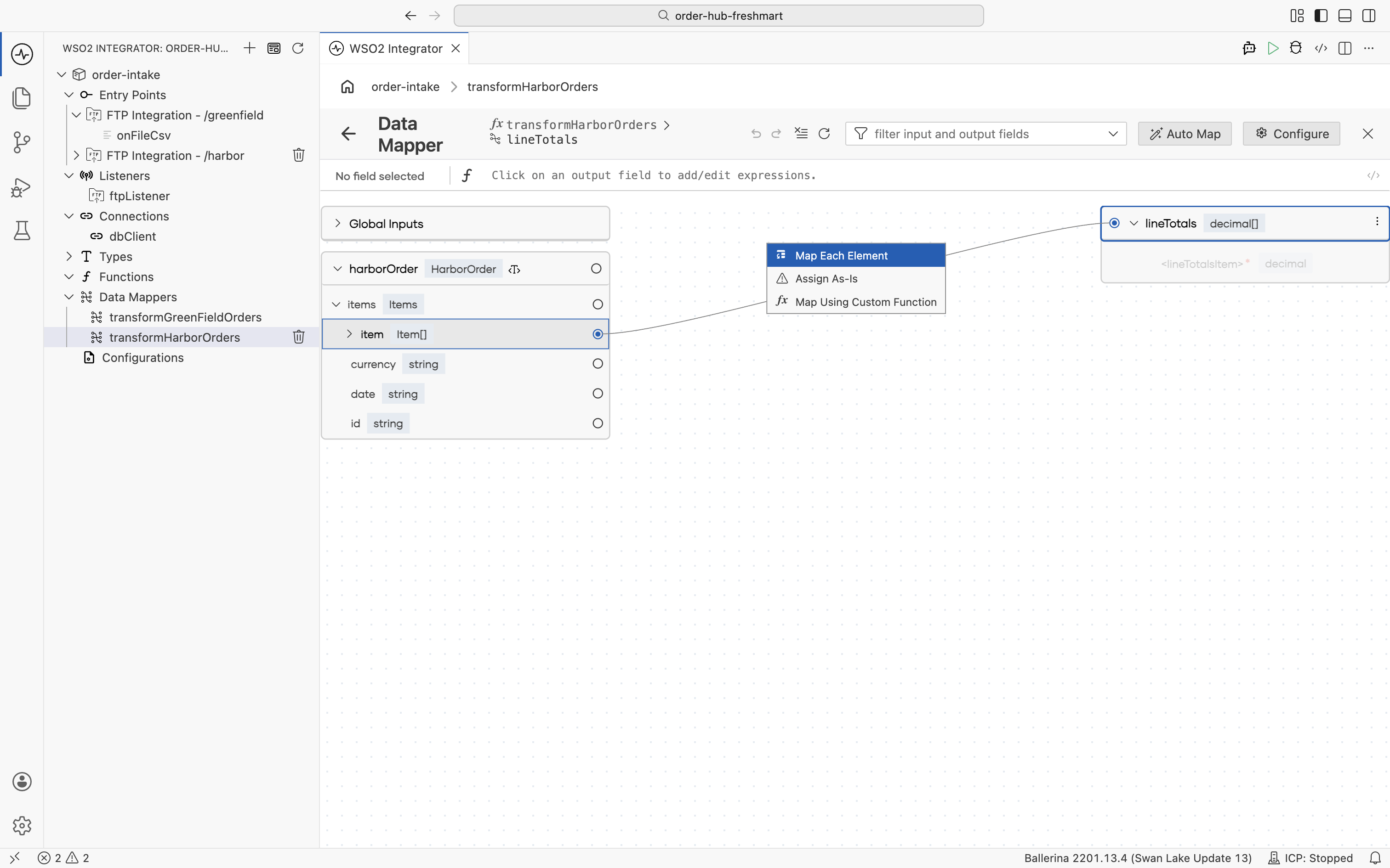 The Map Each Element option for populating the lineTotals sub-mapping from the item array