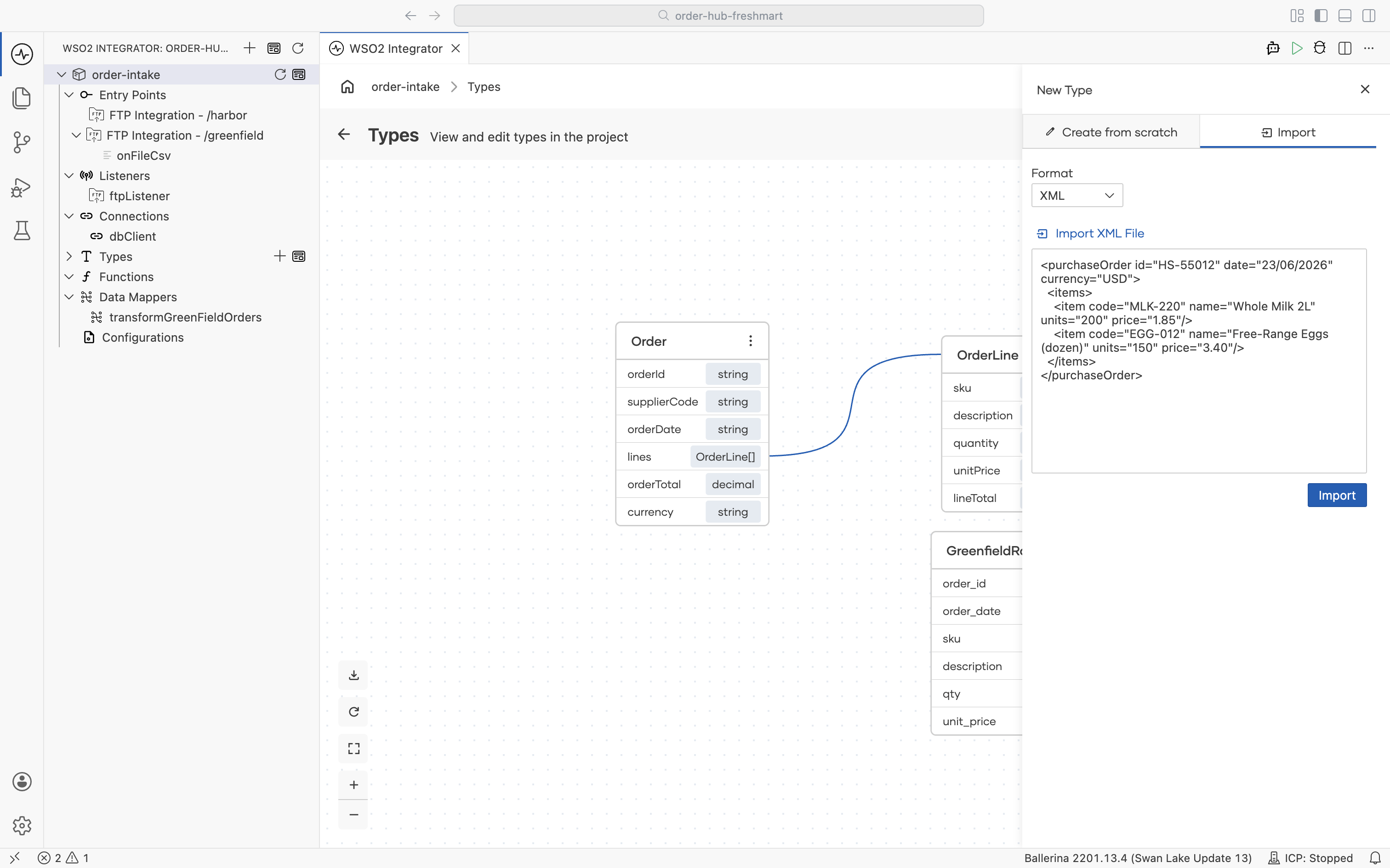 The New Type panel on the Import tab with XML selected and a sample Harbor purchase order pasted in