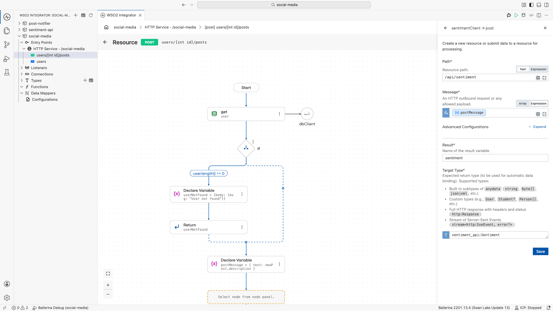 Calling the Sentiment API through the sentimentClient connection