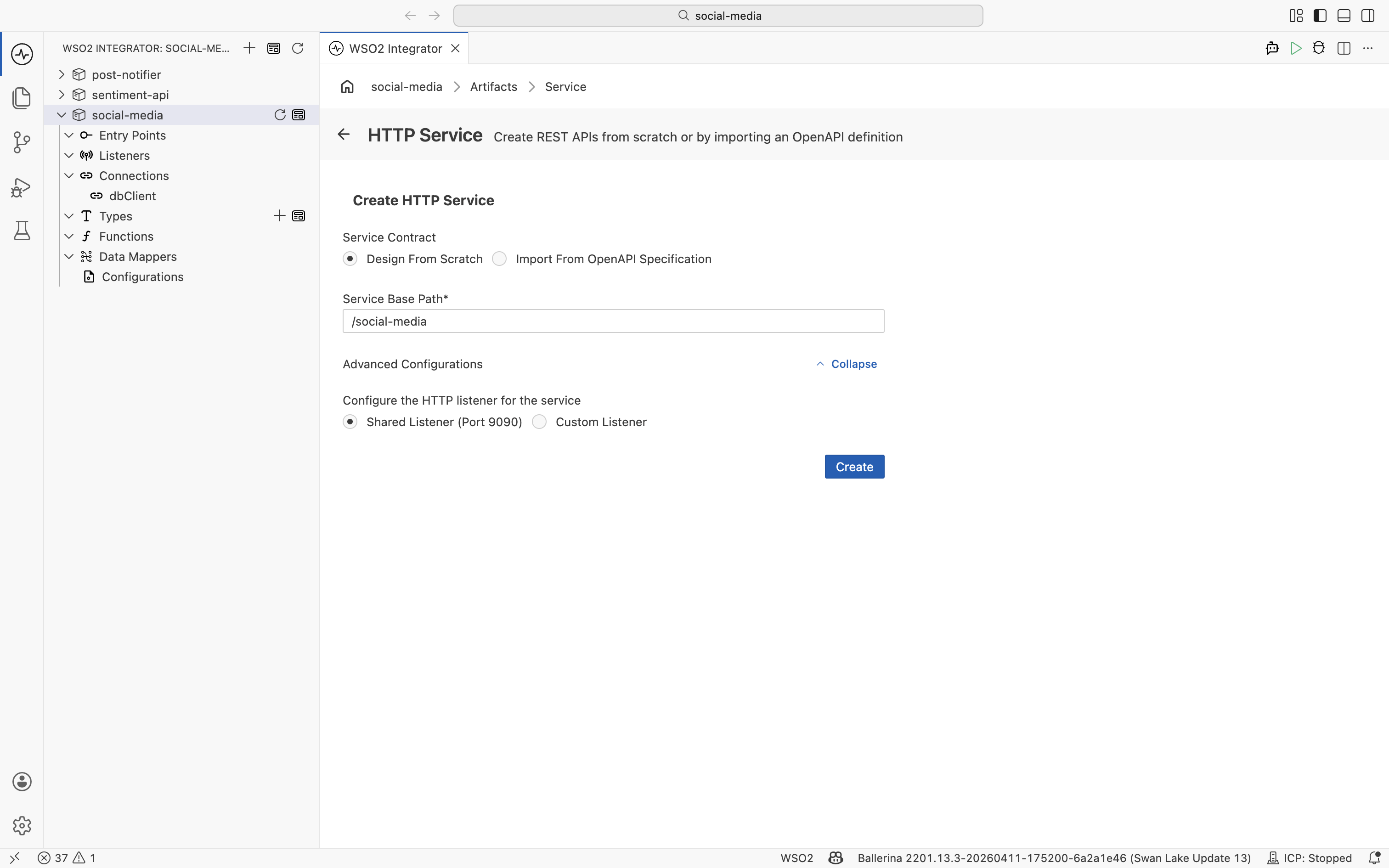 Creating the HTTP service with base path /social-media on the shared listener