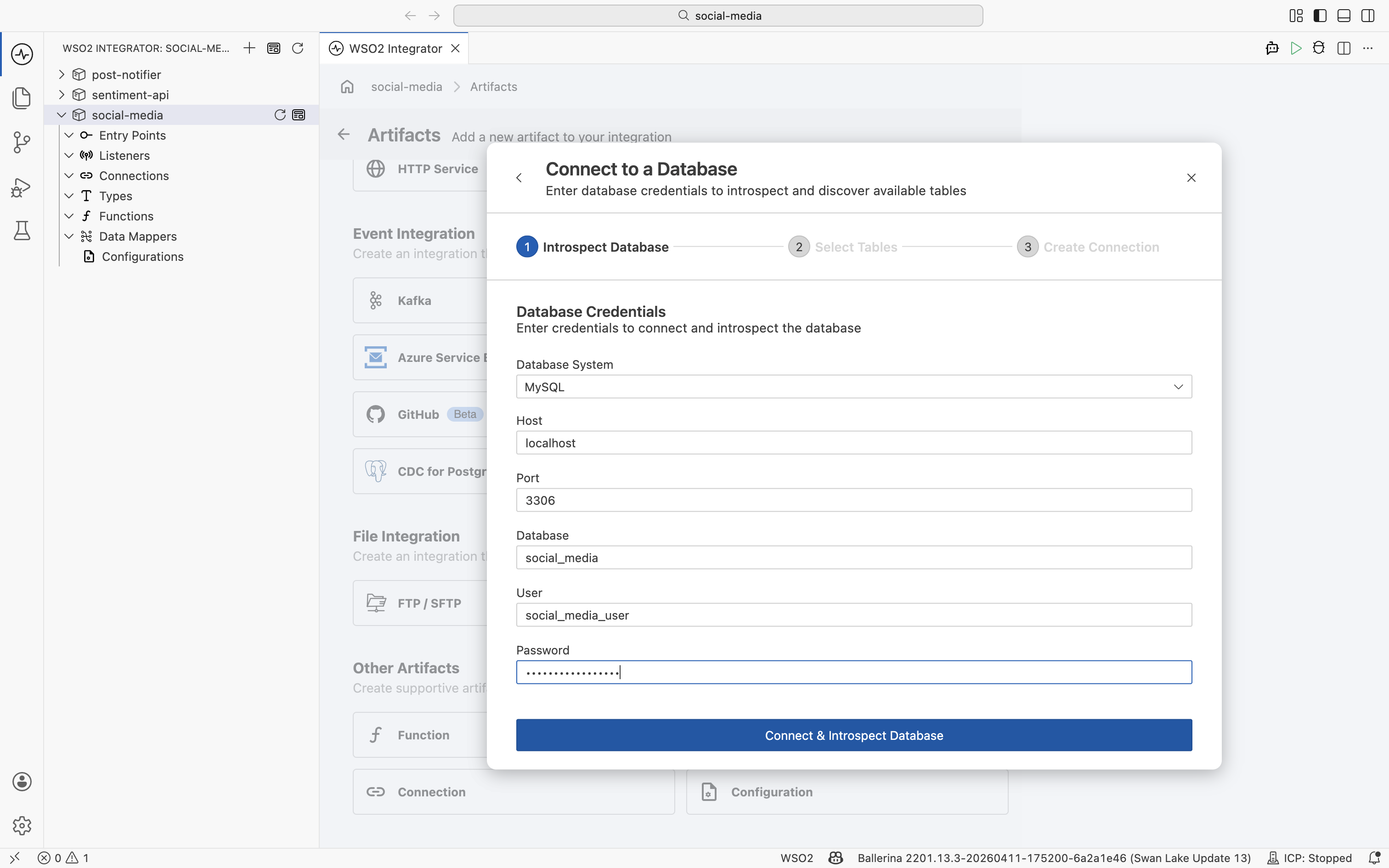 Entering the MySQL credentials in the Connect to a Database wizard