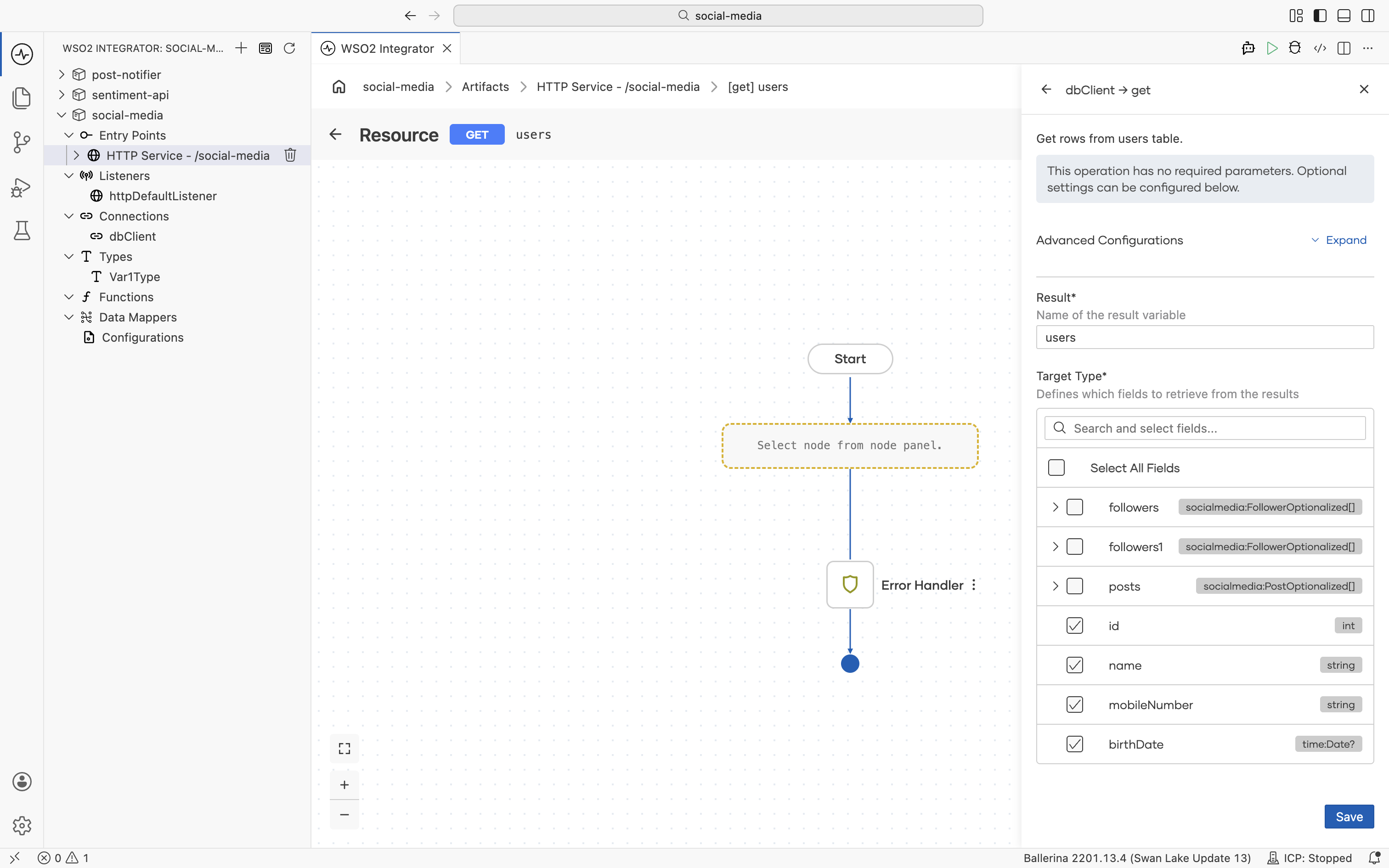 Adding a Get rows node on dbClient and selecting the user fields