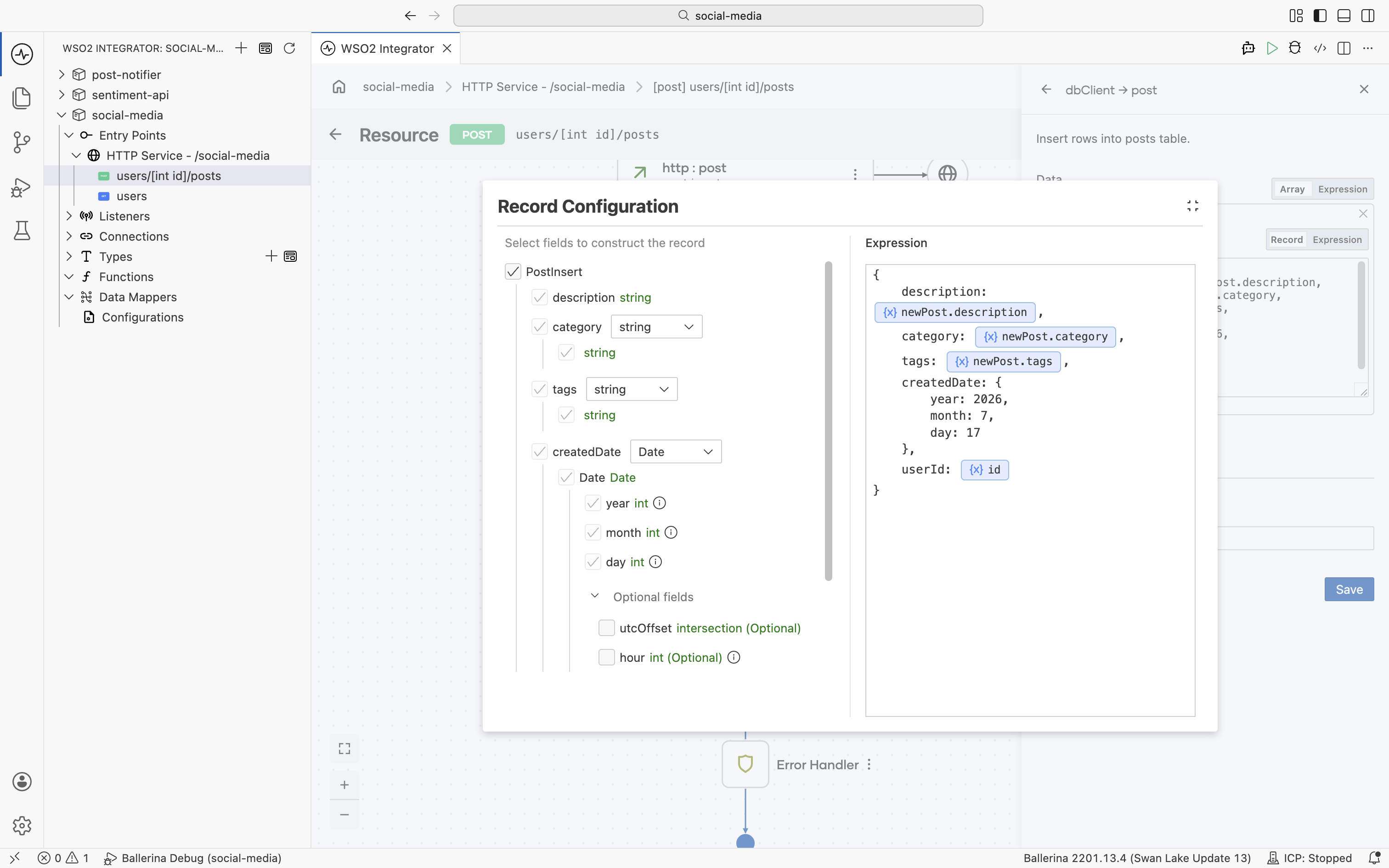 Building the post record and inserting it with the record helper