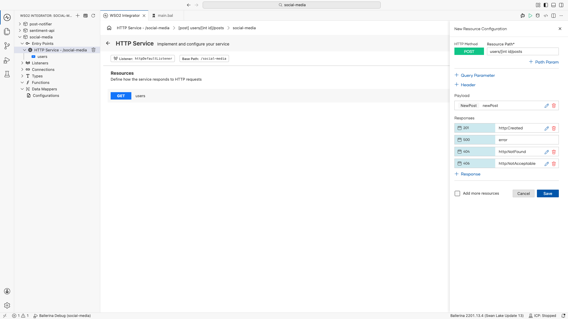 Defining the post resource with a NewPost payload and 201, 404, 406, and 500 responses