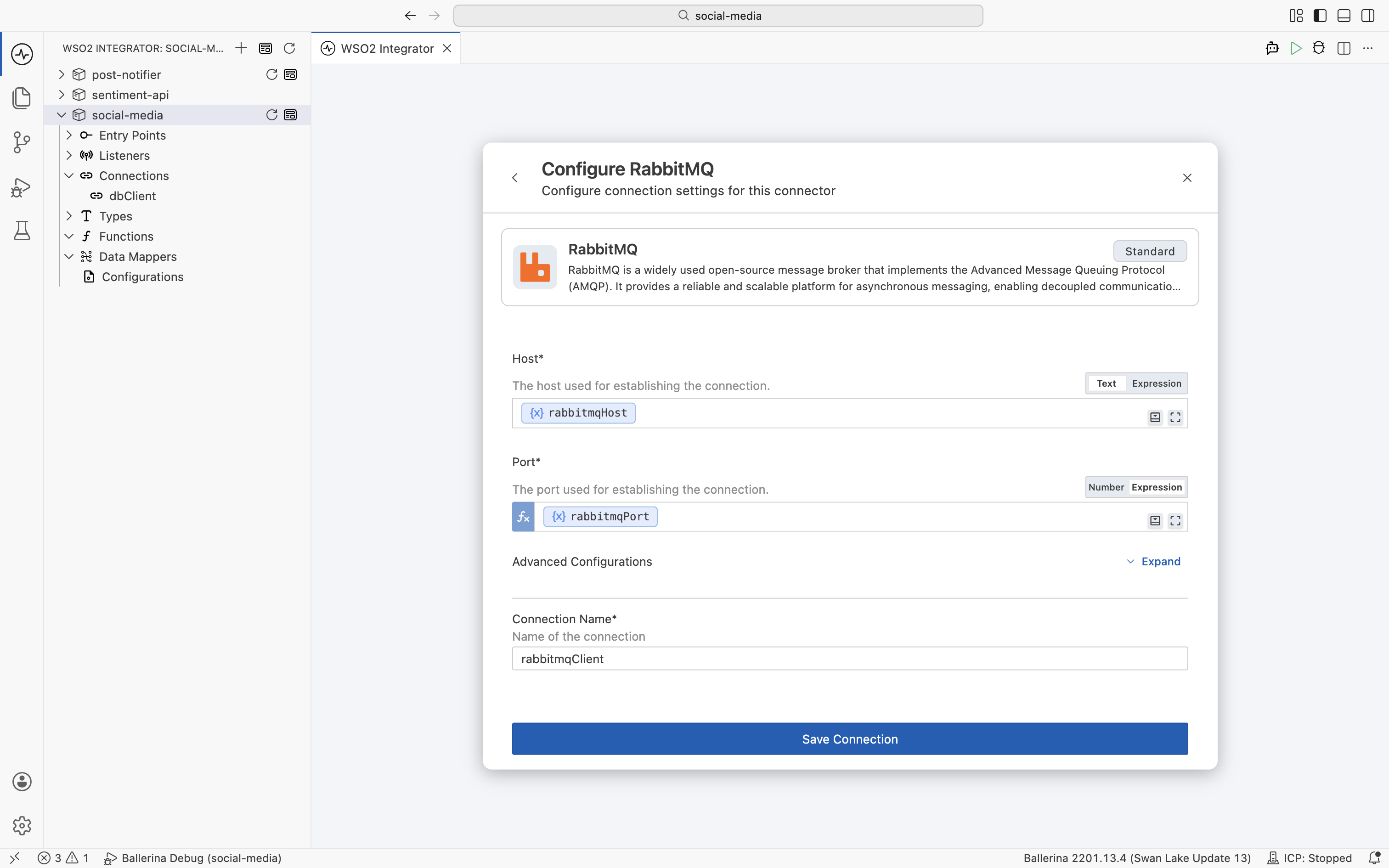 Configuring the RabbitMQ client connection with host and port configurables